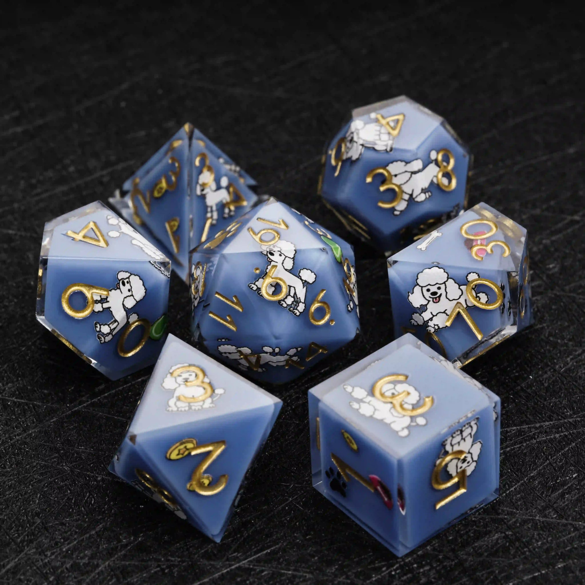 Kickstarter Dice – Sharp-Edged Blue Resin Poodle DND Dice Set | Bear Dice