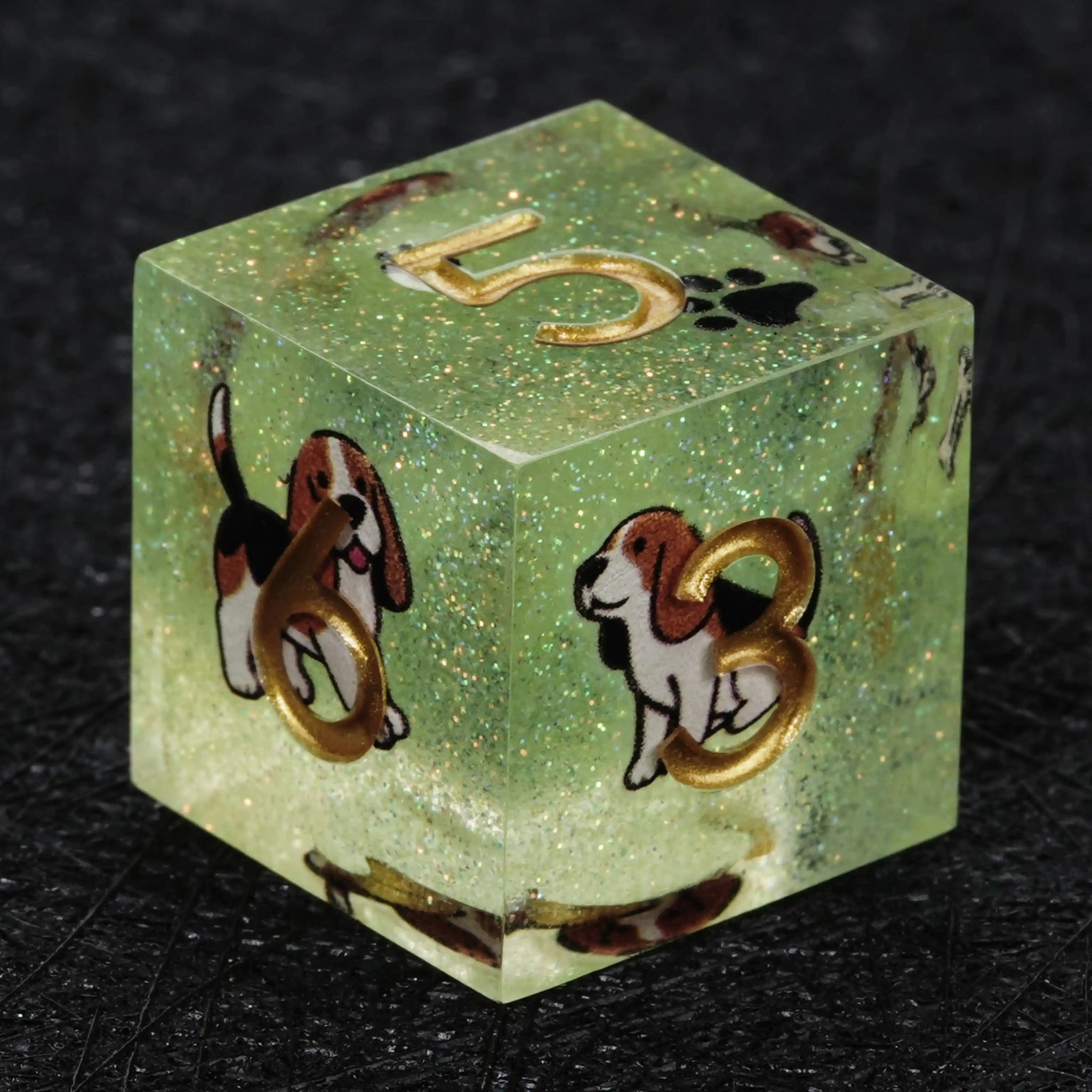 Kickstarter Dice – Sharp-Edged Green Glitter Resin Beagle DND D6 Dice with Gold Numbers | Bear Dice