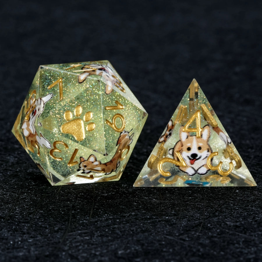 Kickstarter Dice – Sharp-Edged Green Glitter Resin Corgi DND D20 and D4 Dice | Bear Dice