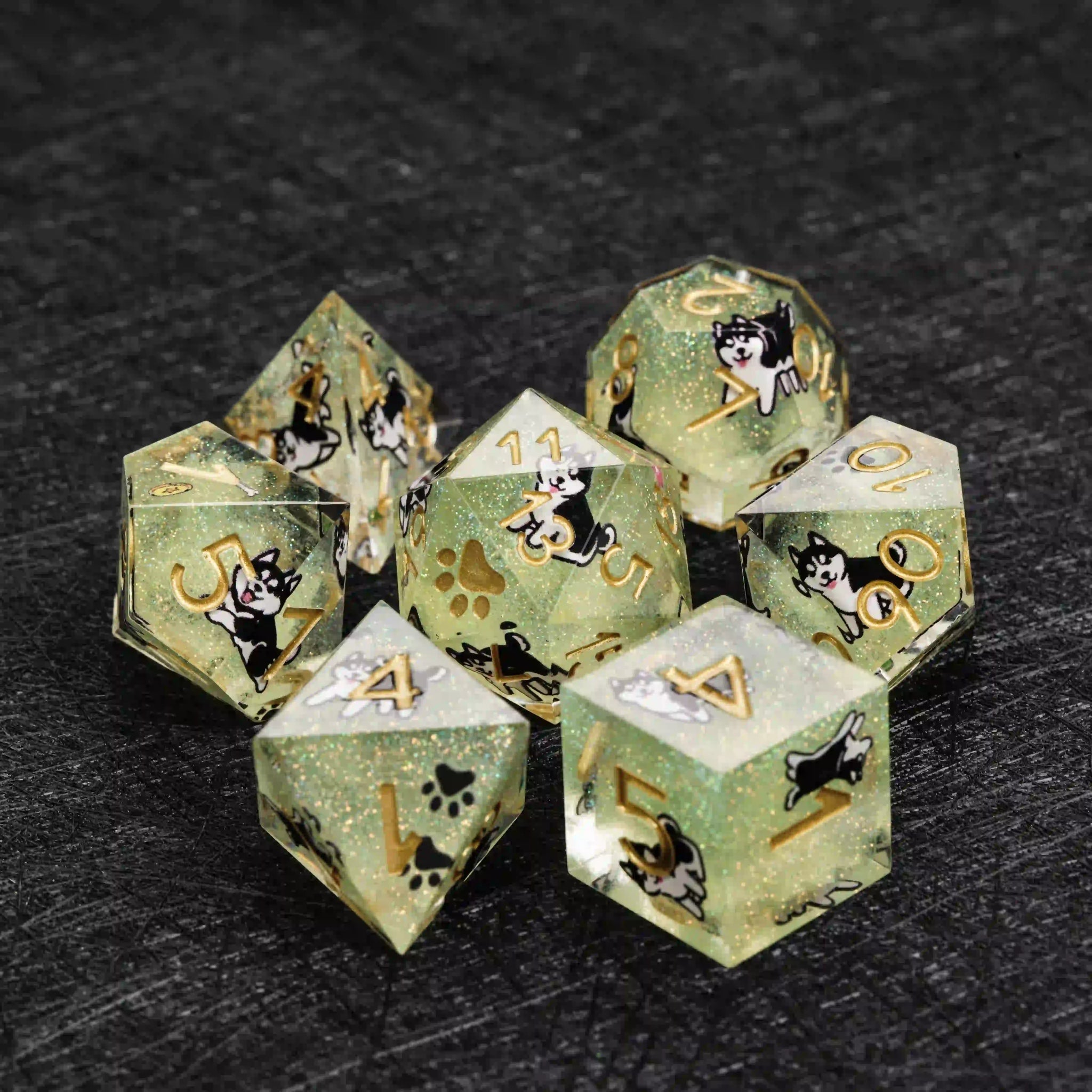 Kickstarter Dice – Sharp-Edged Green Glitter Resin Husky DND Dice Set | Bear Dice