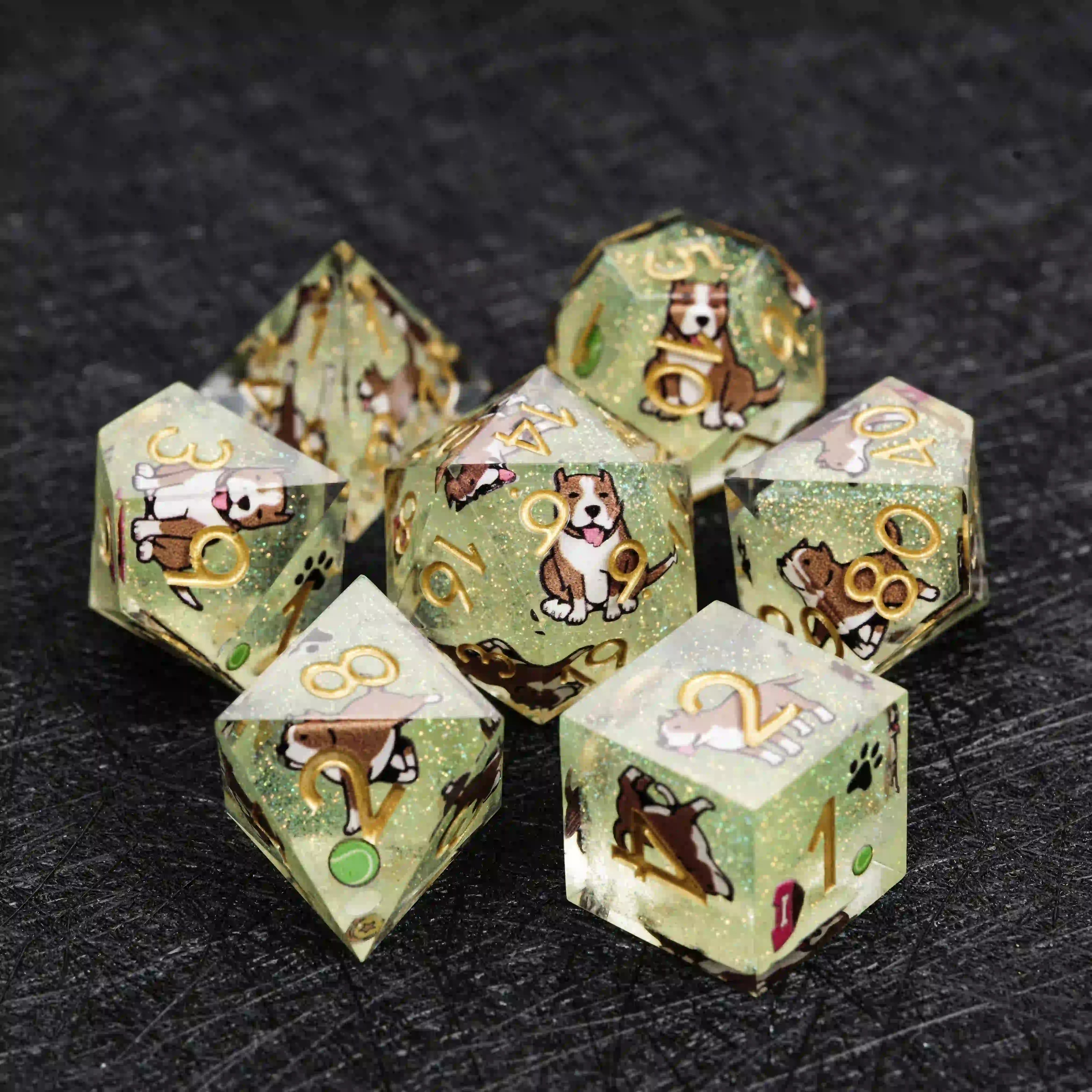 Kickstarter Dice – Sharp-Edged Green Glitter Resin Pit Bull DND Dice Set | Bear Dice
