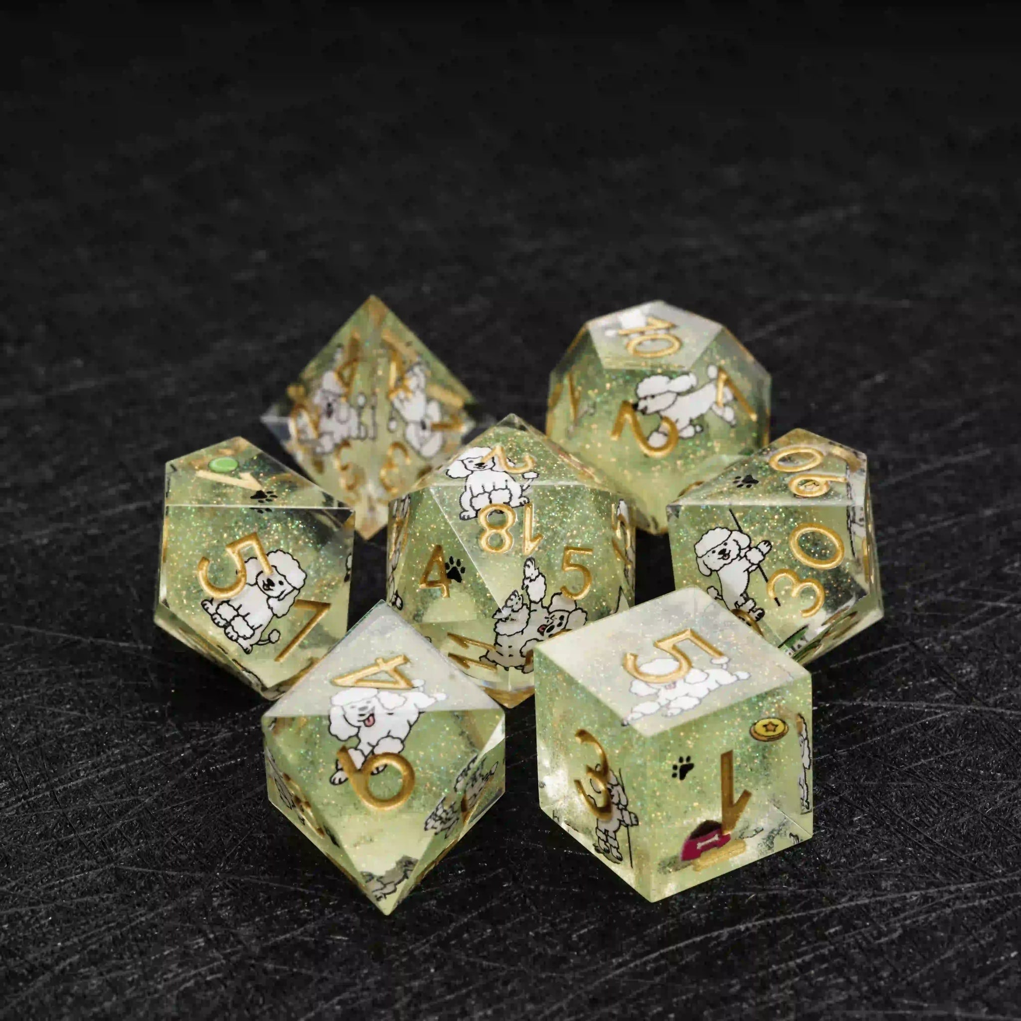 Kickstarter Dice – Sharp-Edged Green Glitter Resin Poodle DND Dice Set | Bear Dice