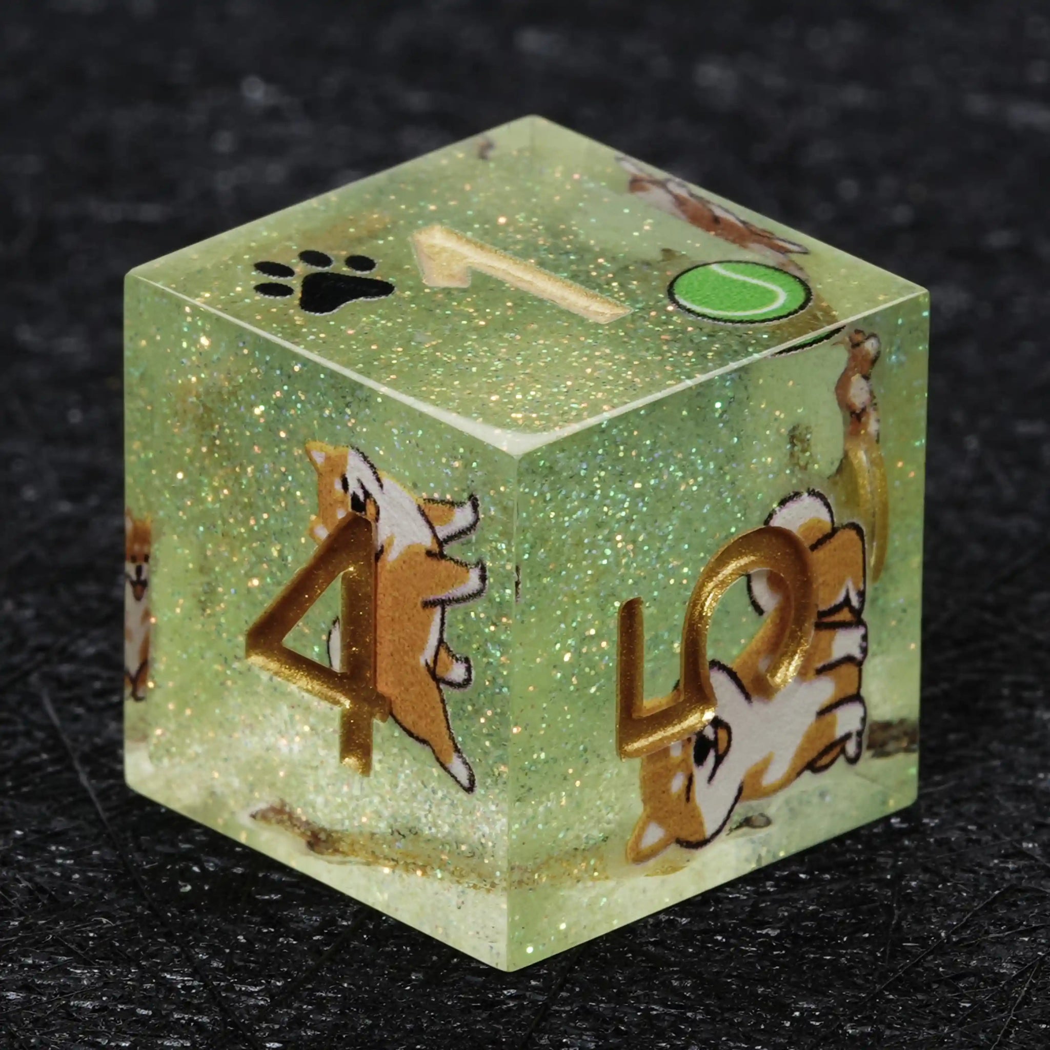 Kickstarter Dice – Sharp-Edged Green Glitter Resin Shiba Inu DND D6 Dice with Gold Numbers | Bear Dice