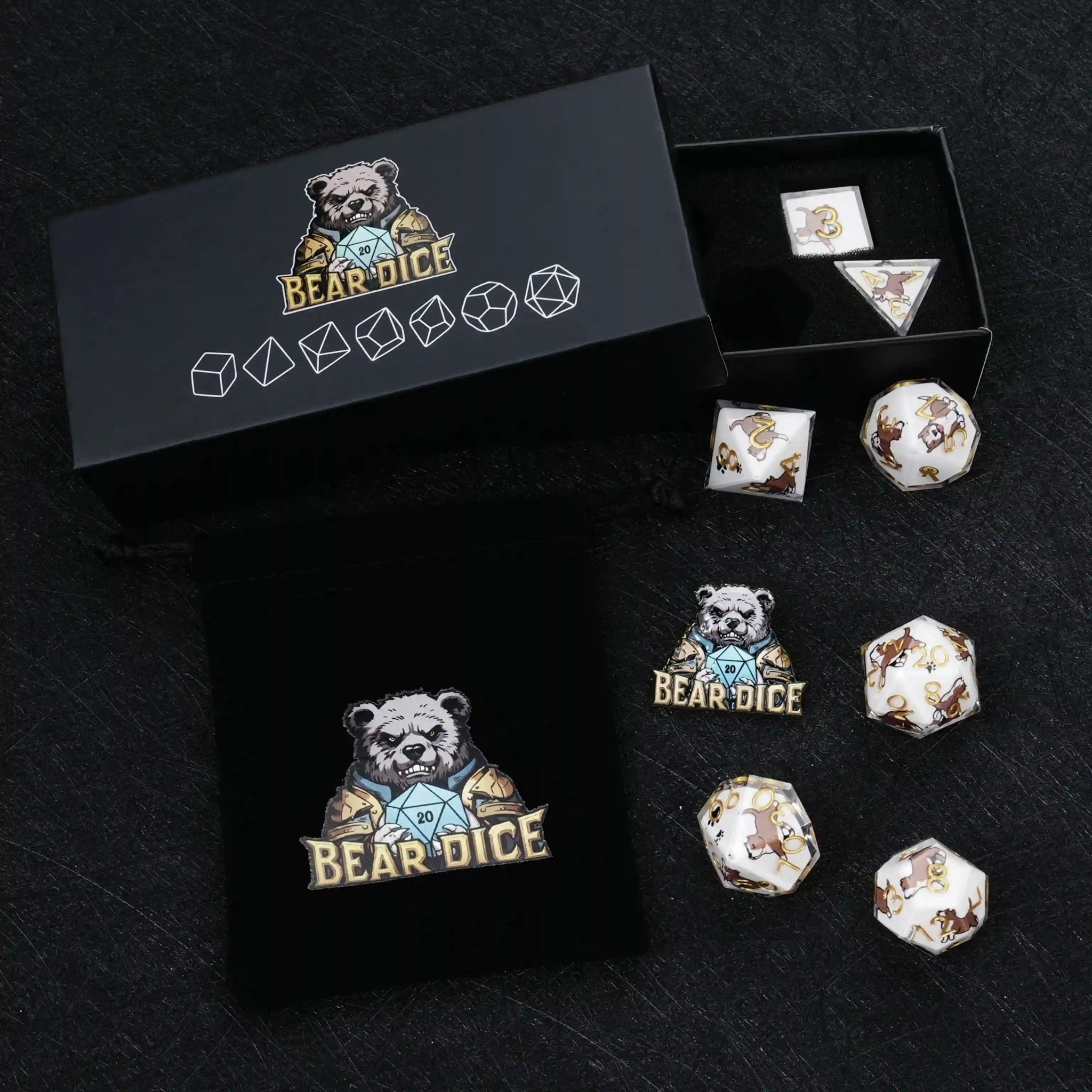 Kickstarter Dice – Sharp-Edged Pit Bull DND Dice Set, Gold Numbers, with a Black Sponge-Lined Dice Case and a Black Velvet Dice Drawstring Bag | Bear Dice