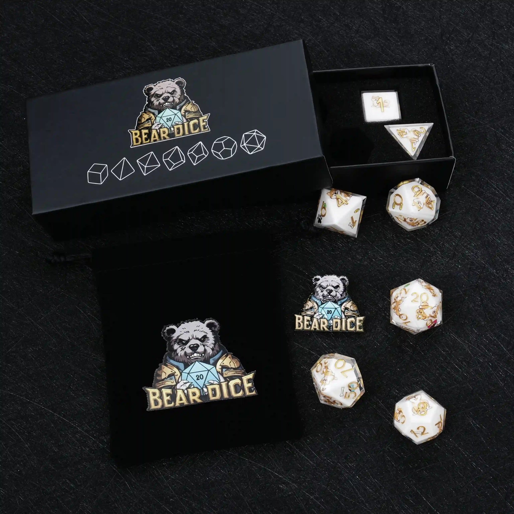 Kickstarter Dice – Sharp-Edged Shiba Inu DND Dice Set with Gold Numbers, includes a black sponge-lined dice box and a black velvet dice drawstring bag | Bear Dice
