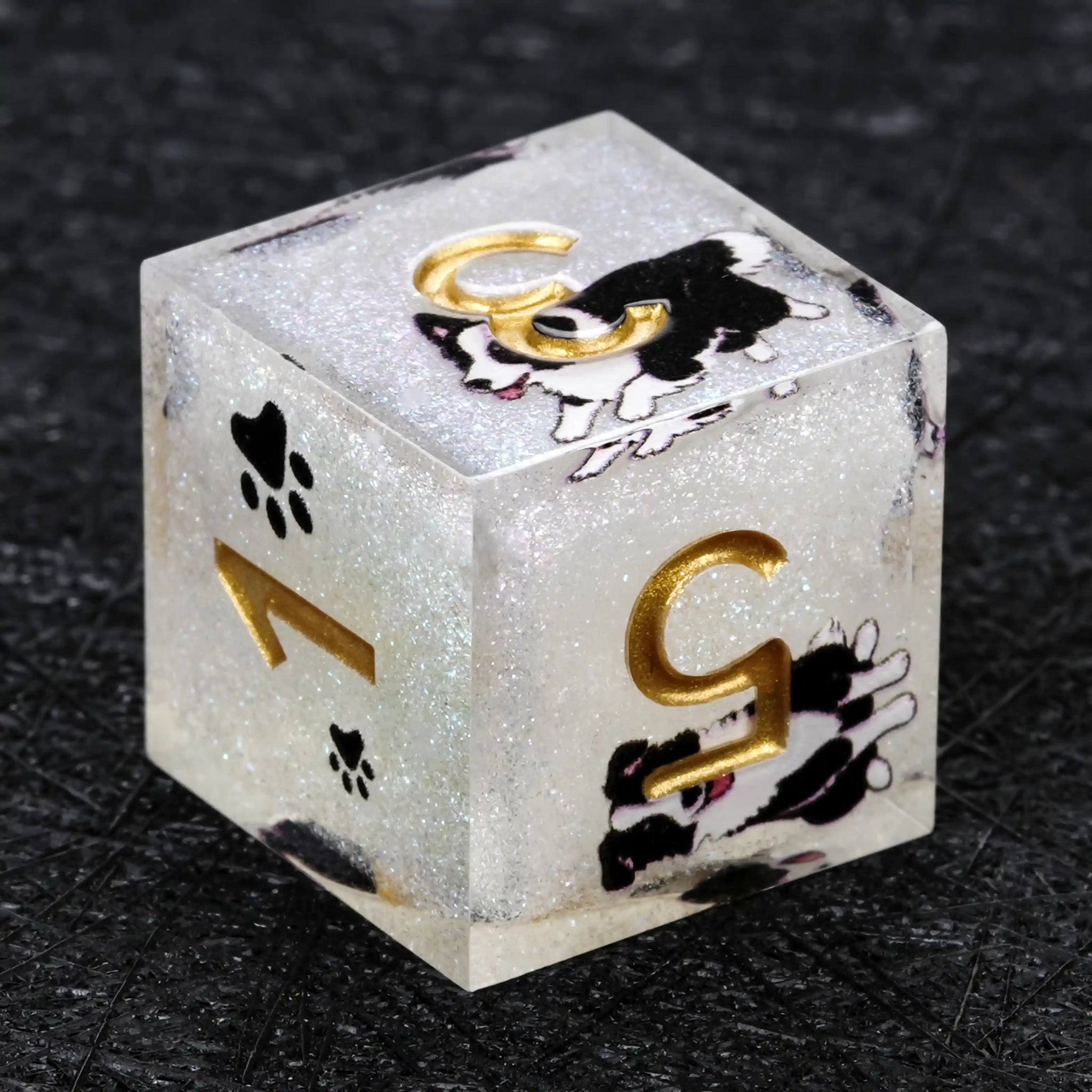 Kickstarter Dice – Sharp-Edged White Glitter Resin Border Collie DND D6 Dice with Gold Numbers | Bear Dice