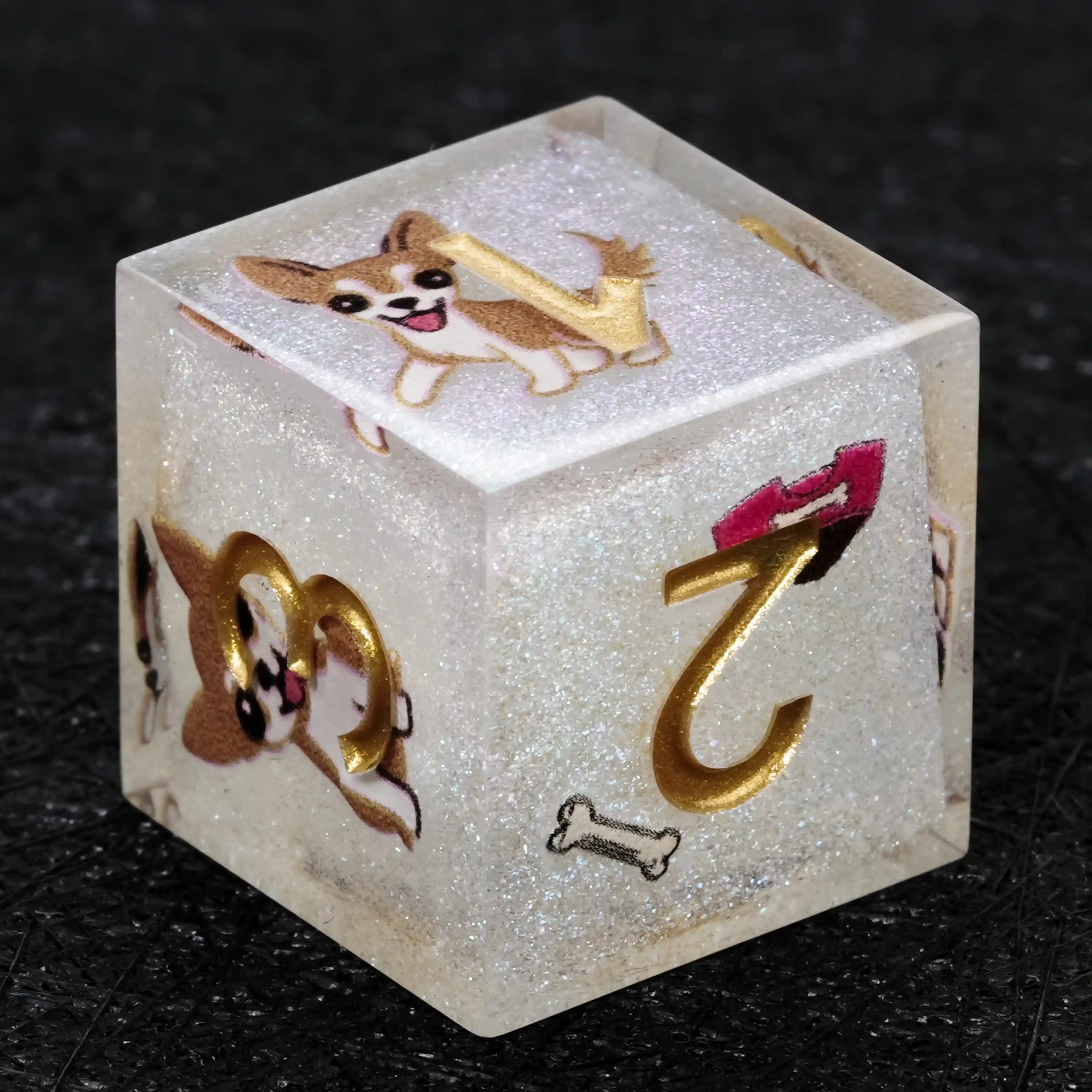 Kickstarter Dice – Sharp-Edged White Glitter Resin Chihuahua DND D6 Dice with Gold Numbers | Bear Dice