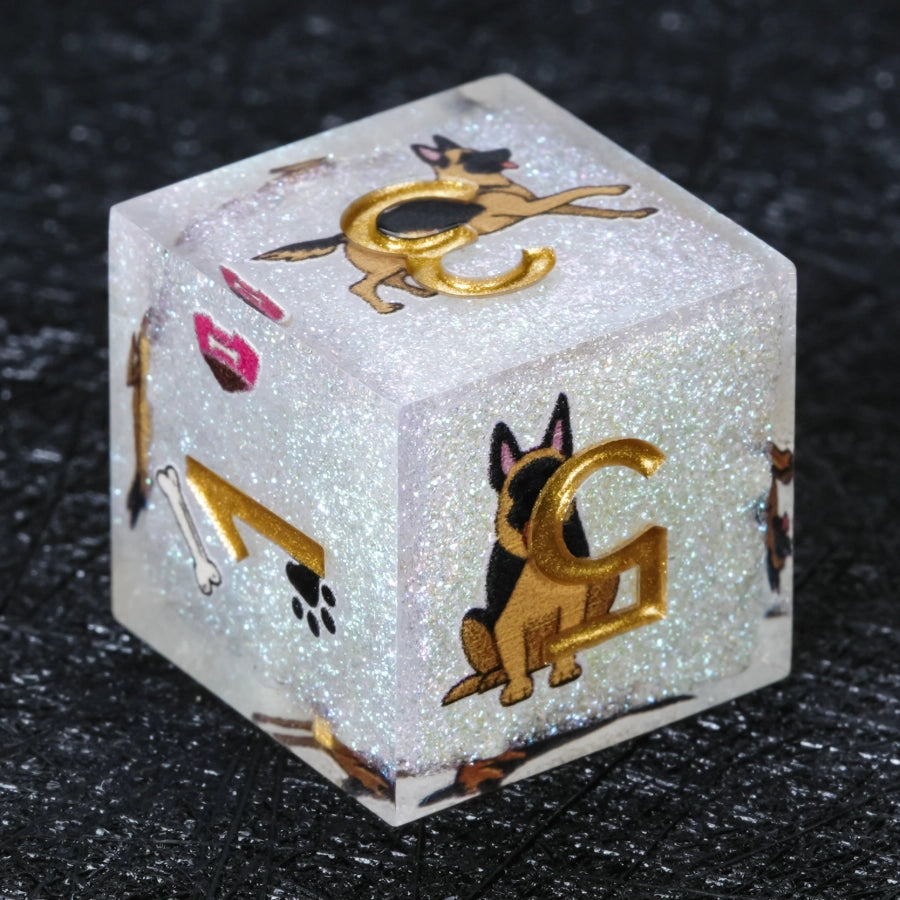 Kickstarter Dice – Handcrafted Sharp-Edged White Glitter Resin German Shepherd DND D6 Dice with Gold Numbers | Bear Dice