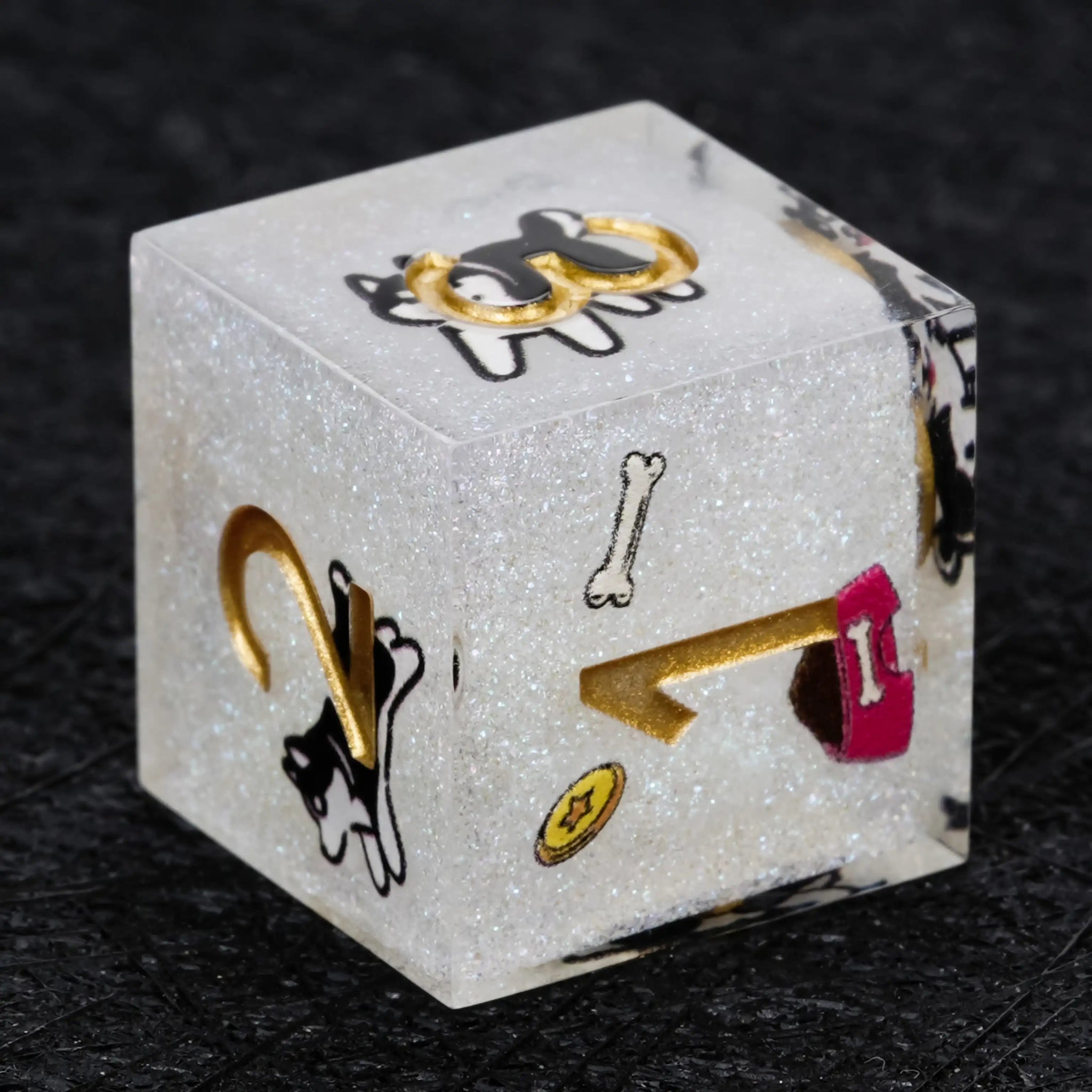Kickstarter Dice – Sharp-Edged White Glitter Resin Husky DND D6 Dice with Gold Numbers | Bear Dice