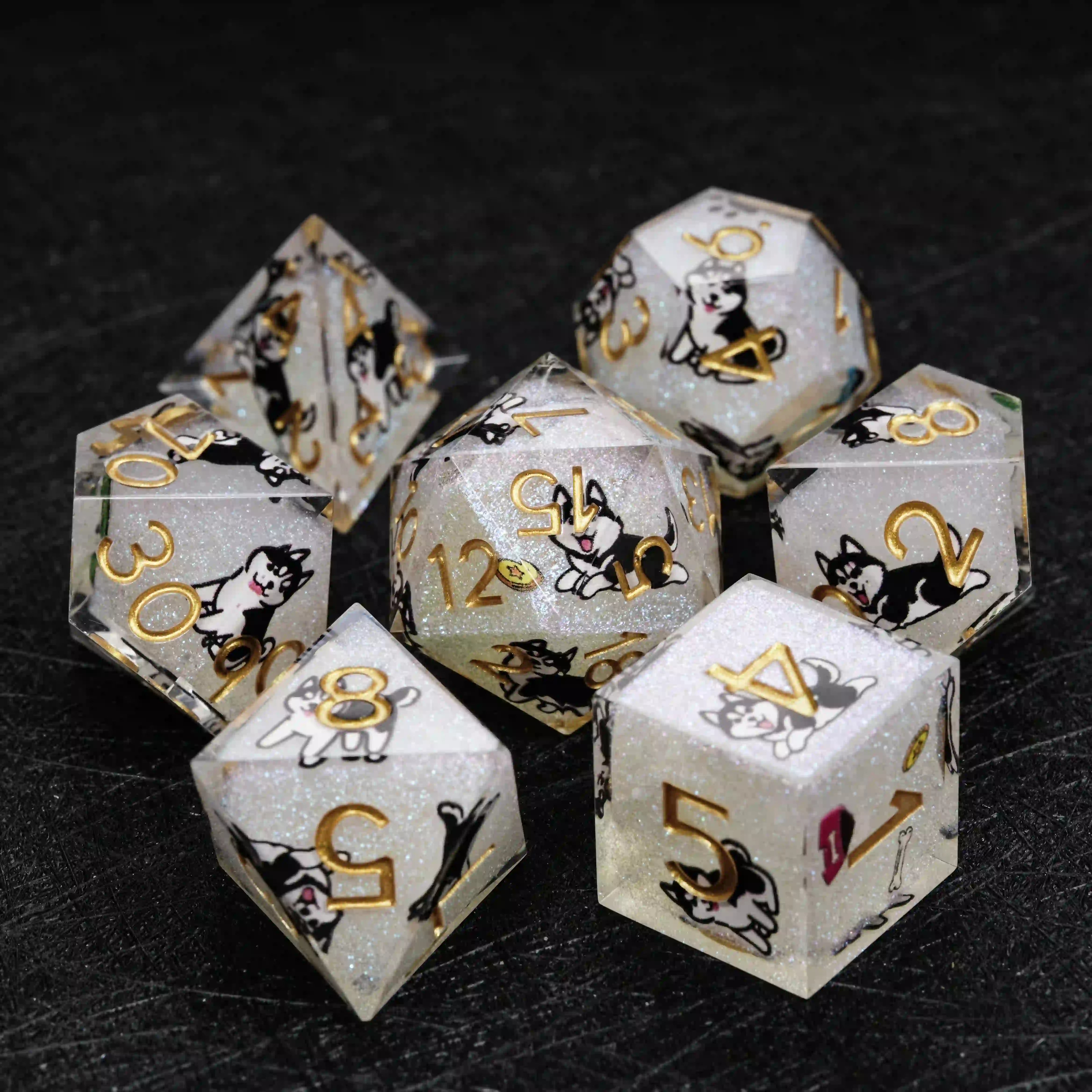 Kickstarter Dice – Sharp-Edged White Glitter Resin Husky DND Dice Set | Bear Dice