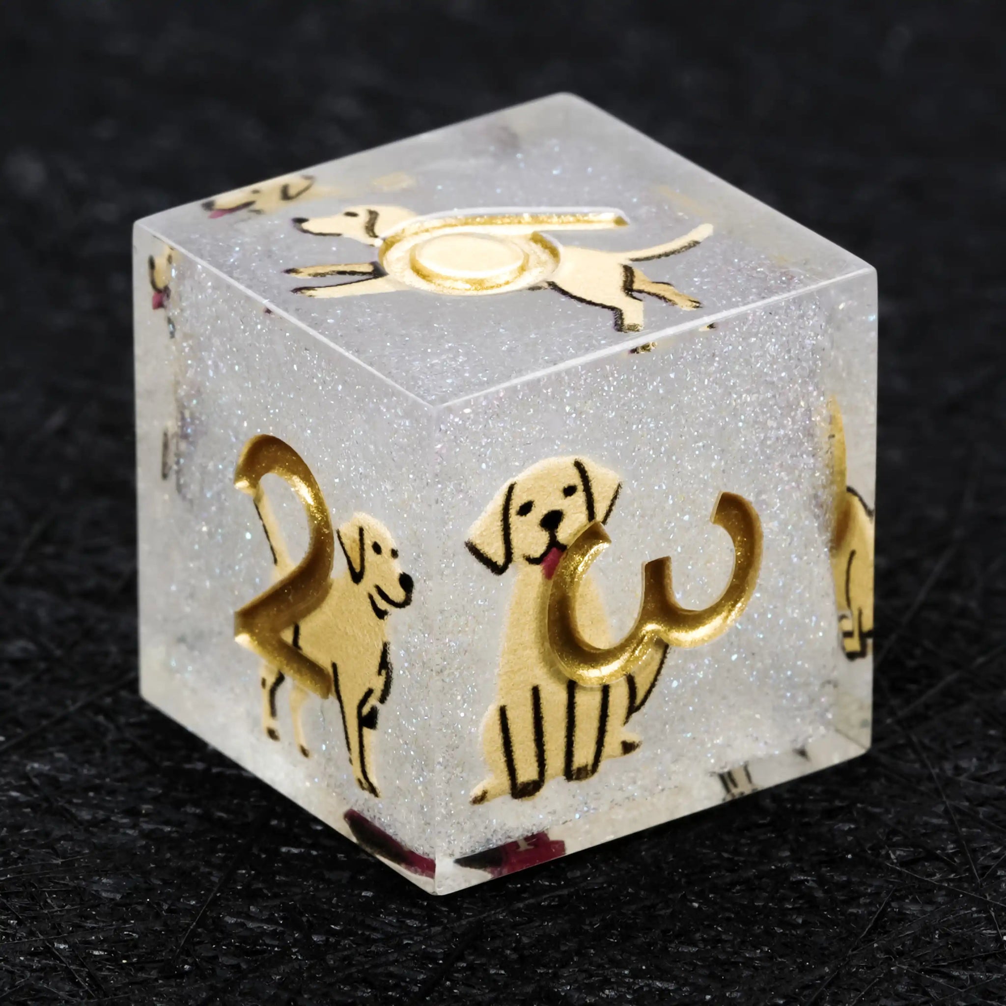 Kickstarter Dice – Sharp-Edged White Glitter Resin Labrador DND D6 Dice with Gold Numbers | Bear Dice