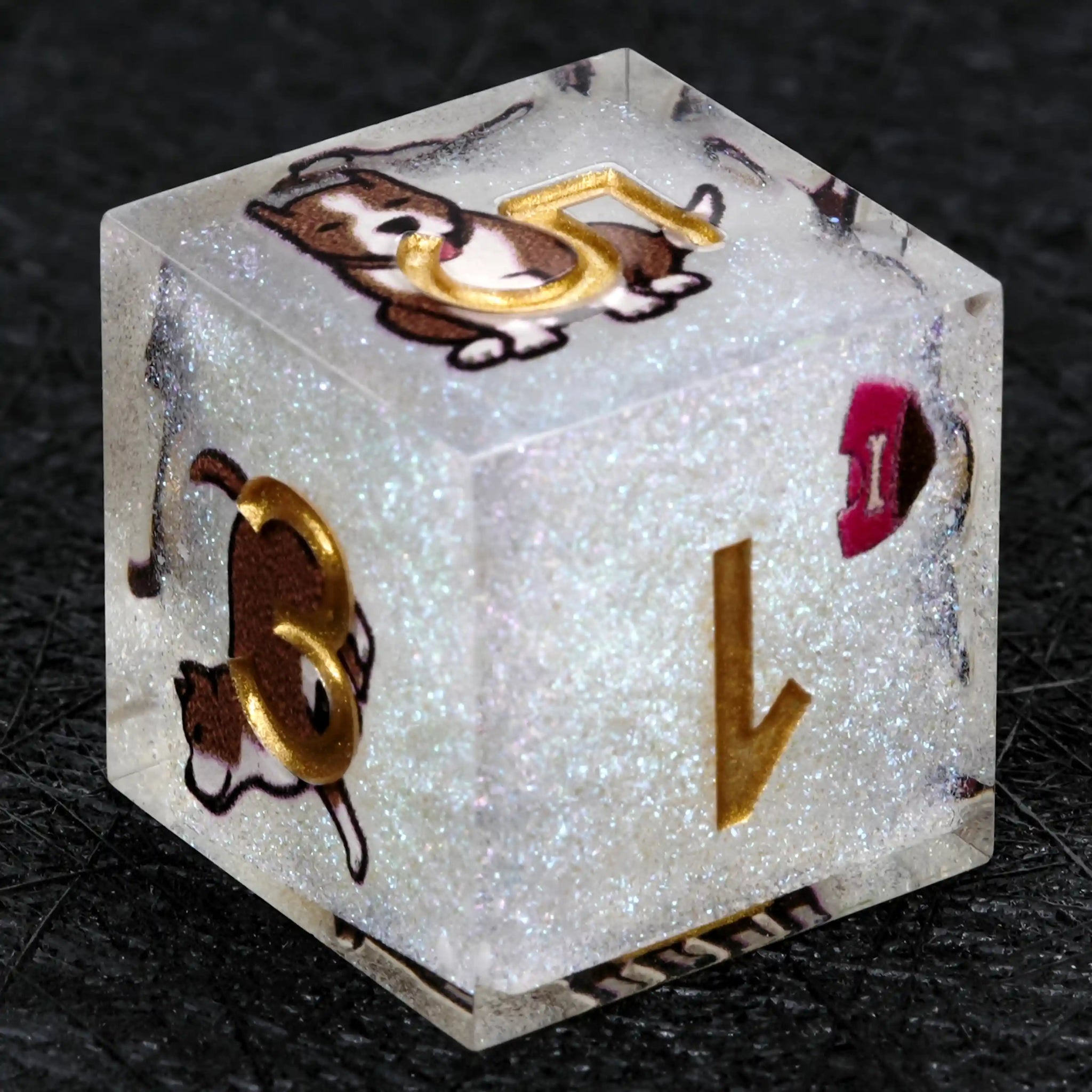 Kickstarter Dice – Sharp-Edged White Glitter Resin Pit Bull DND D6 Dice with Gold Numbers | Bear Dice