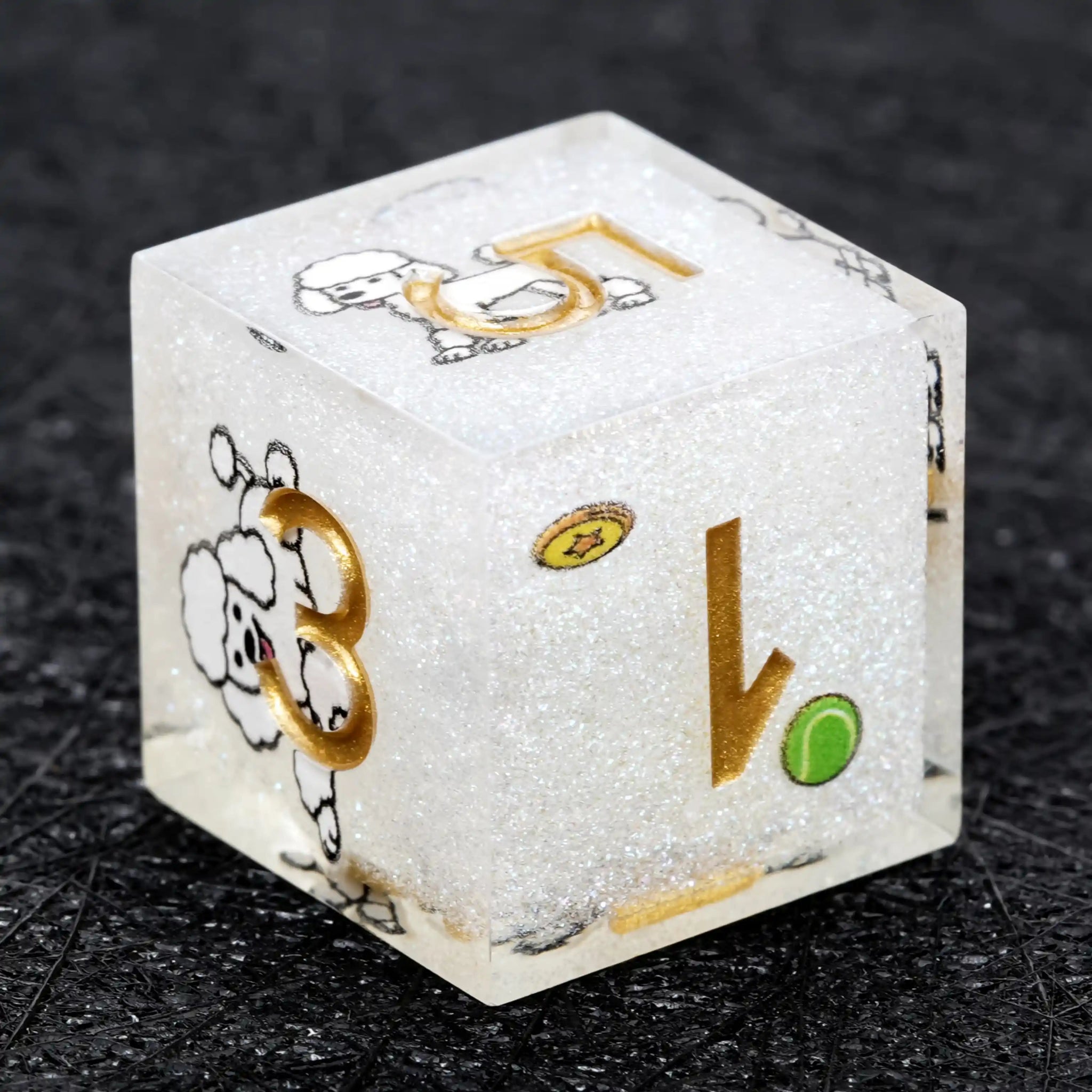 Kickstarter Dice – Sharp-Edged White Glitter Resin Poodle DND D6 Dice with Gold Numbers | Bear Dice