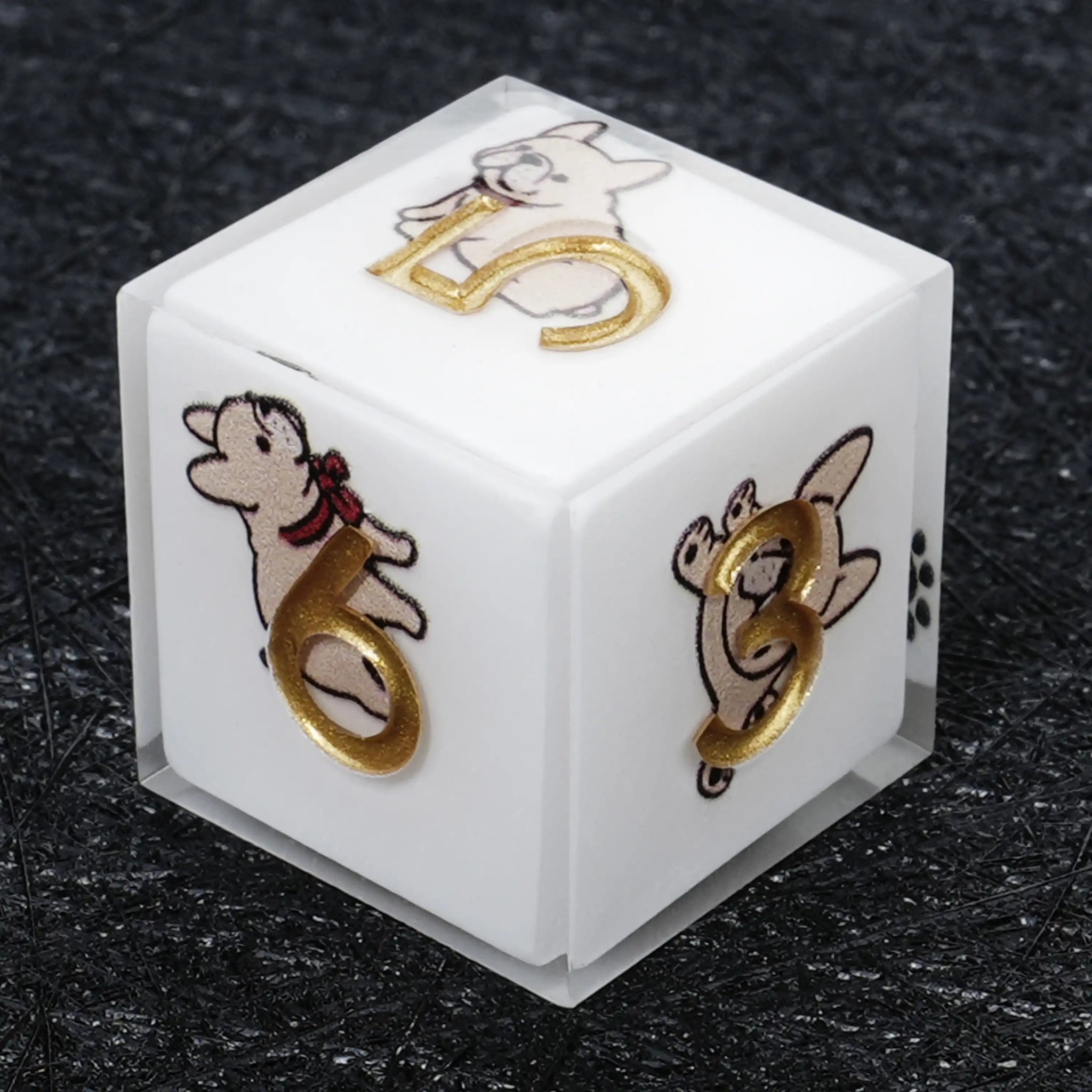 Kickstarter Dice – Sharp-Edged White Resin Bulldog DND D6 Dice with Gold Numbers | Bear Dice