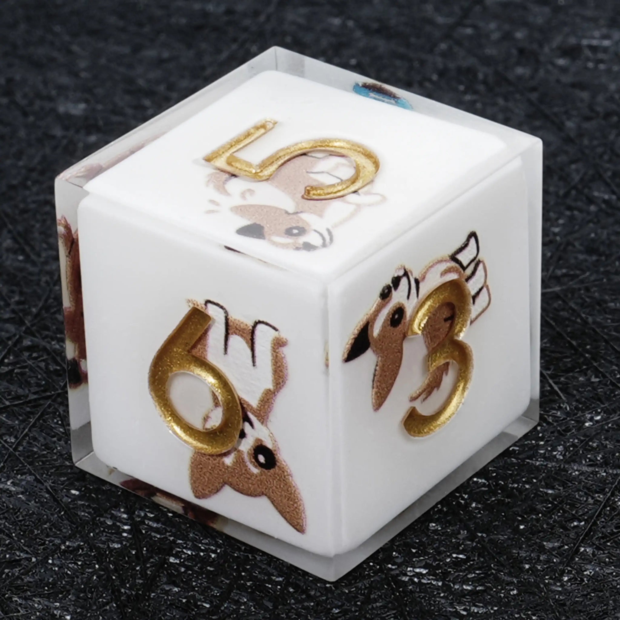 Kickstarter Dice – Sharp-Edged White Resin Chihuahua DND D6 Dice with Gold Numbers | Bear Dice