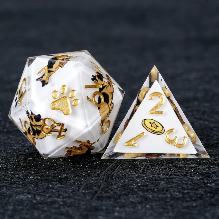 Kickstarter Dice – Sharp-Edged White Resin German Shepherd DND D20 and D4 Dice | Bear Dice