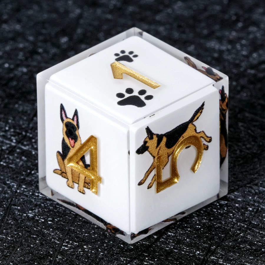 Kickstarter Dice – Handcrafted Sharp-Edged White Resin German Shepherd DND D6 Dice | Bear Dice
