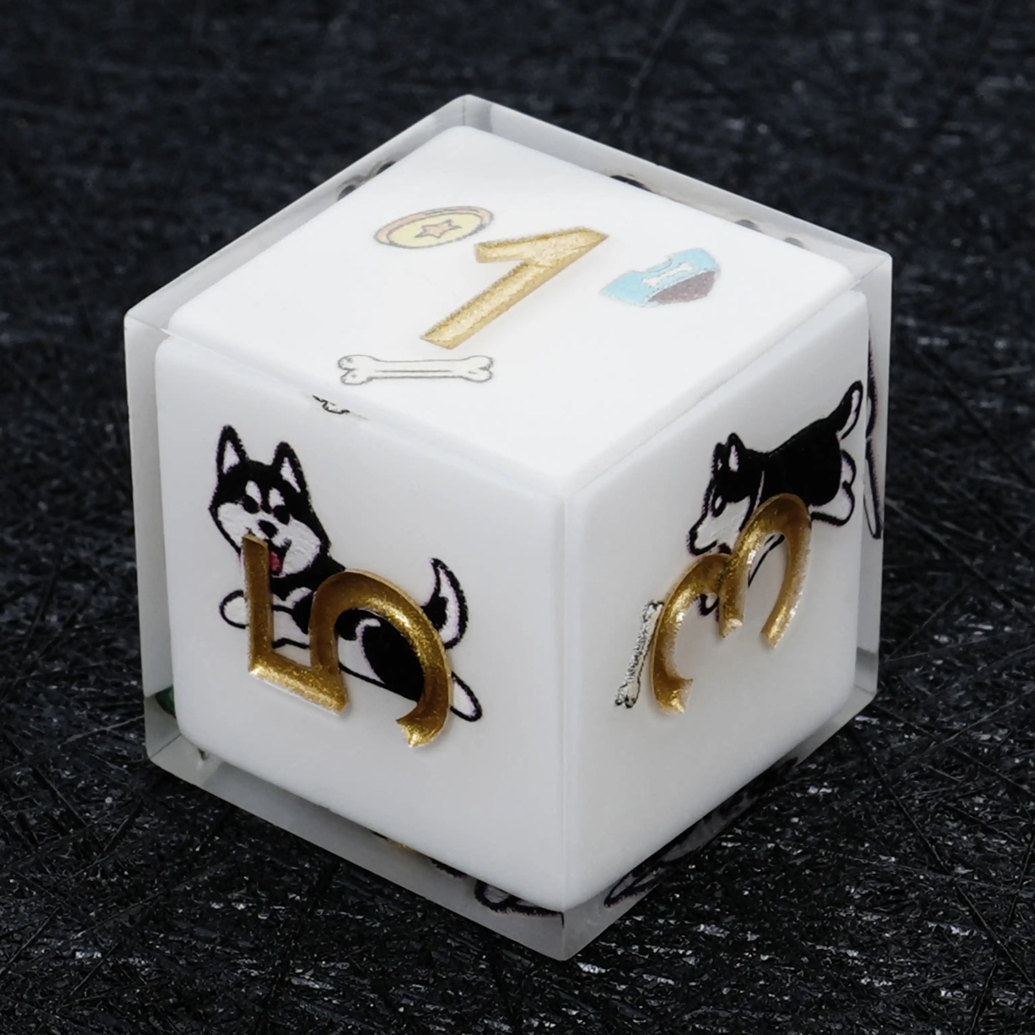 Kickstarter Dice – Sharp-Edged White Resin Husky DND D6 Dice with Gold Numbers | Bear Dice