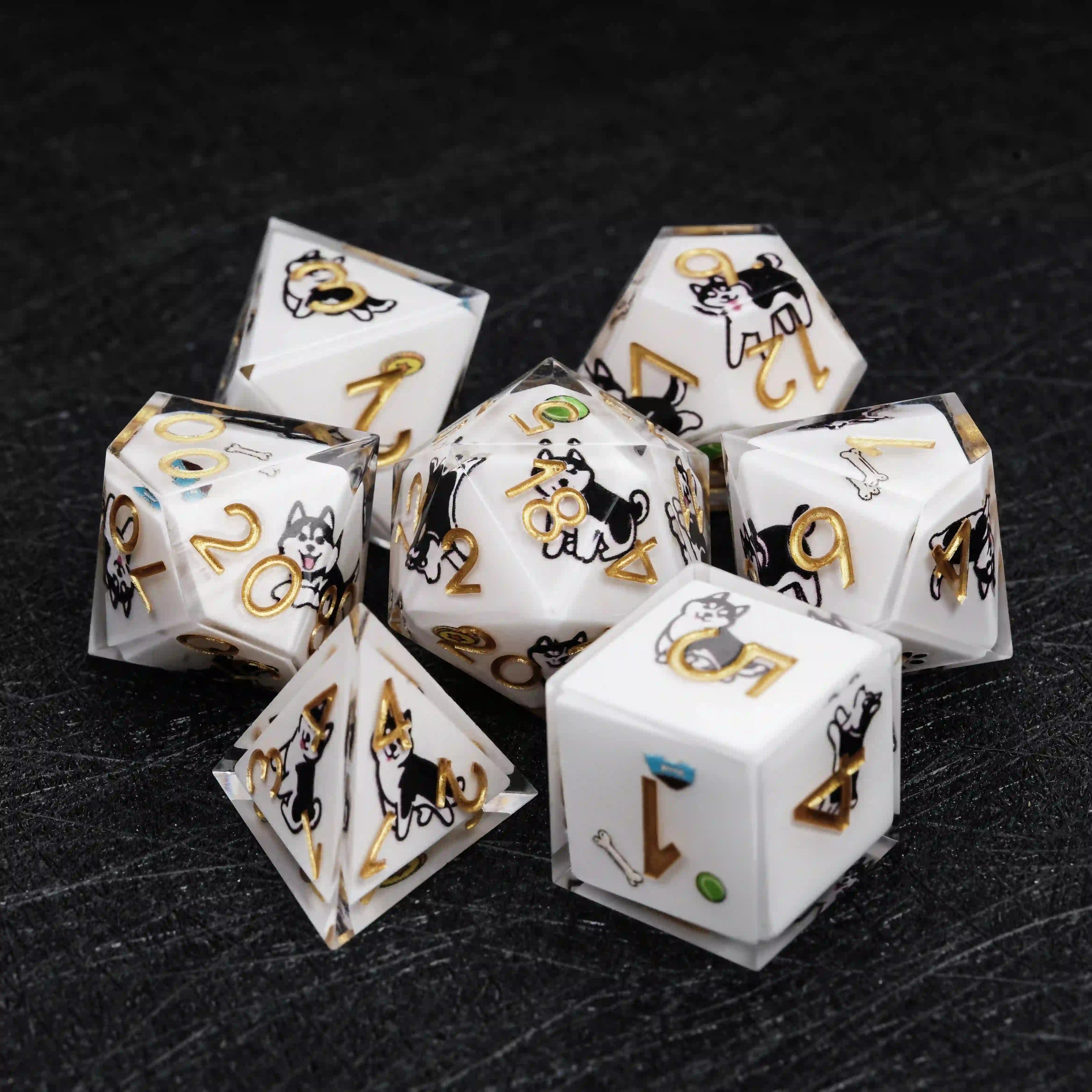 Kickstarter Dice – Sharp-Edged White Resin Husky DND Dice Set | Bear Dice