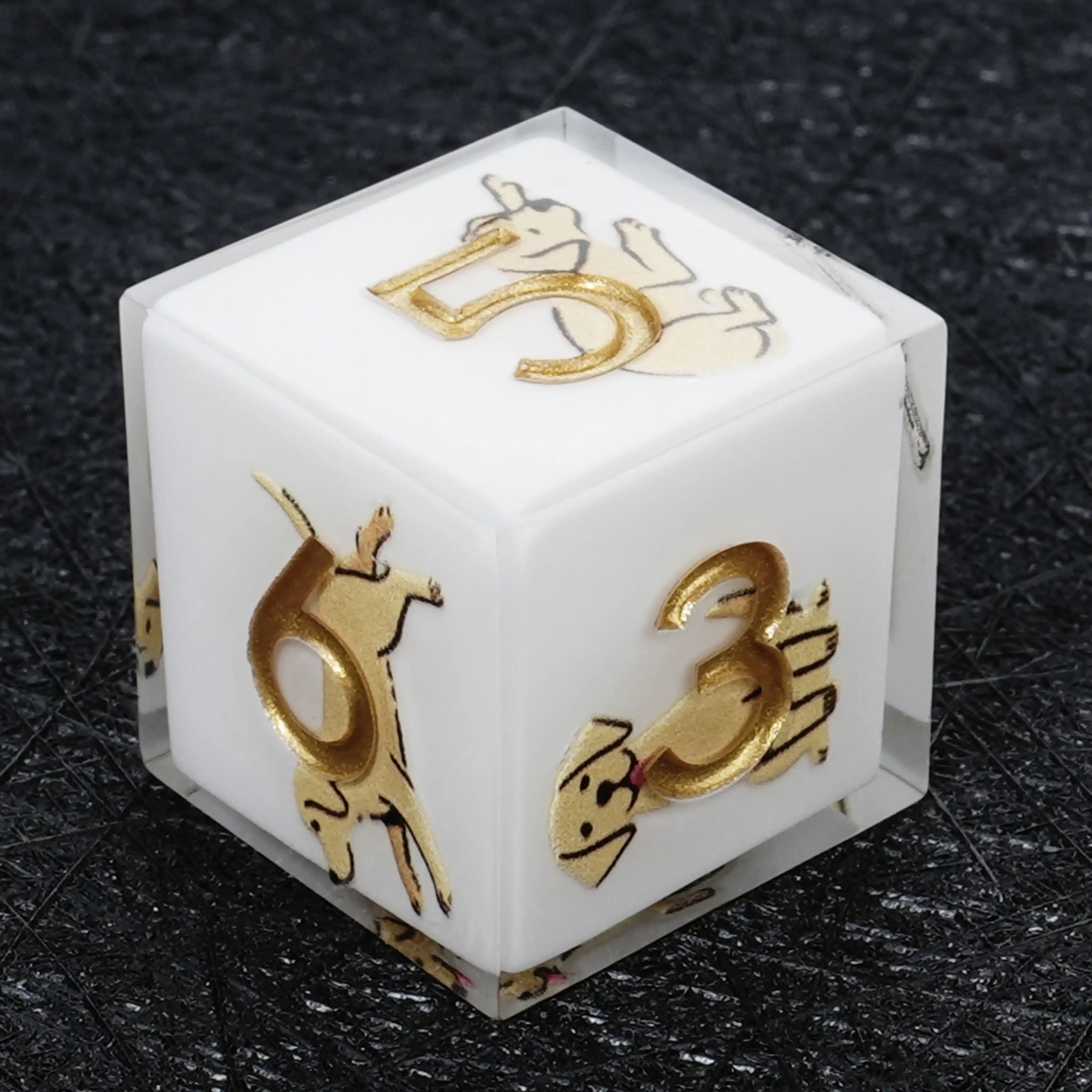 Kickstarter Dice – Sharp-Edged White Resin Labrador DND D6 Dice with Gold Numbers | Bear Dice