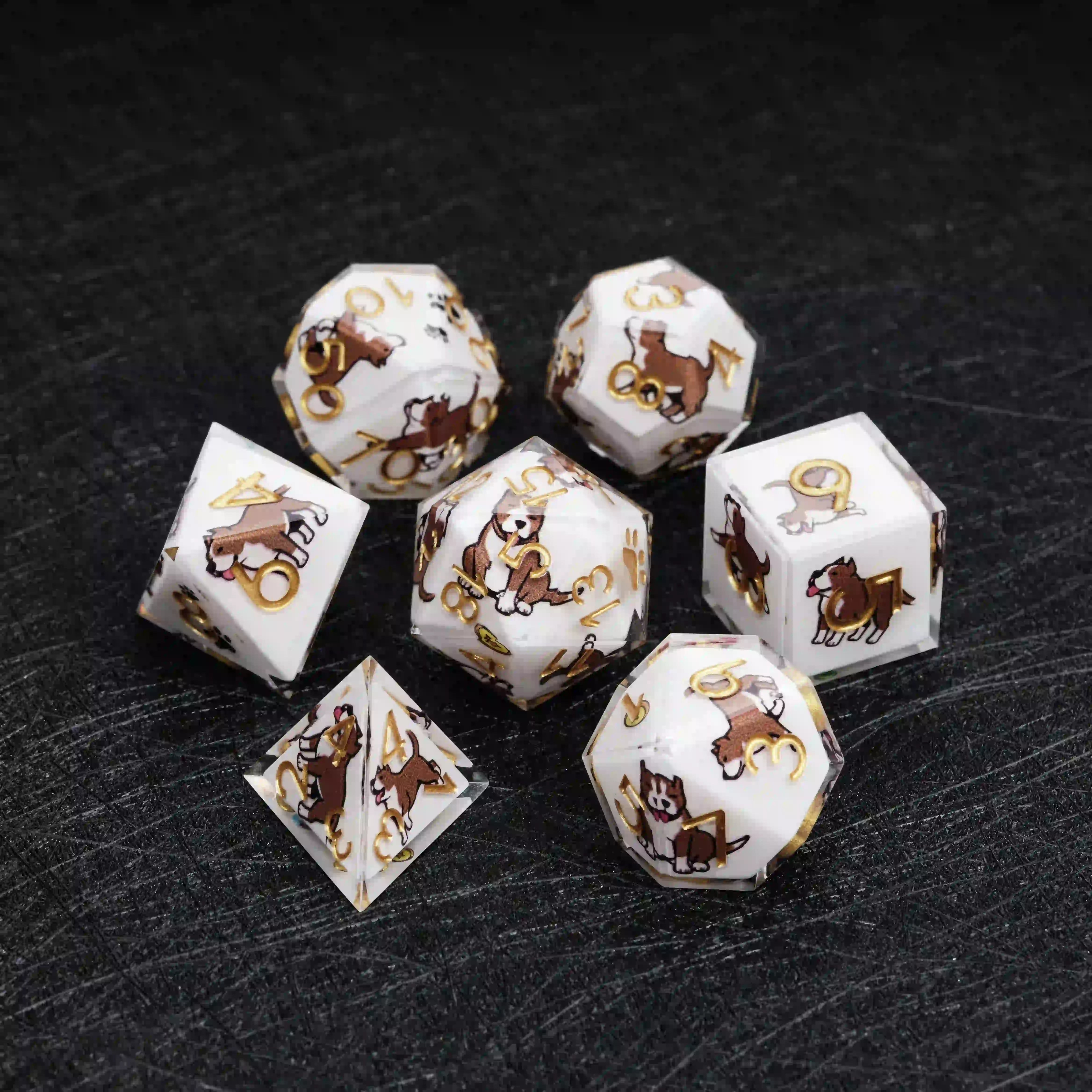 Kickstarter Dice – Sharp-Edged White Resin Pit Bull DND Dice Set | Bear Dice