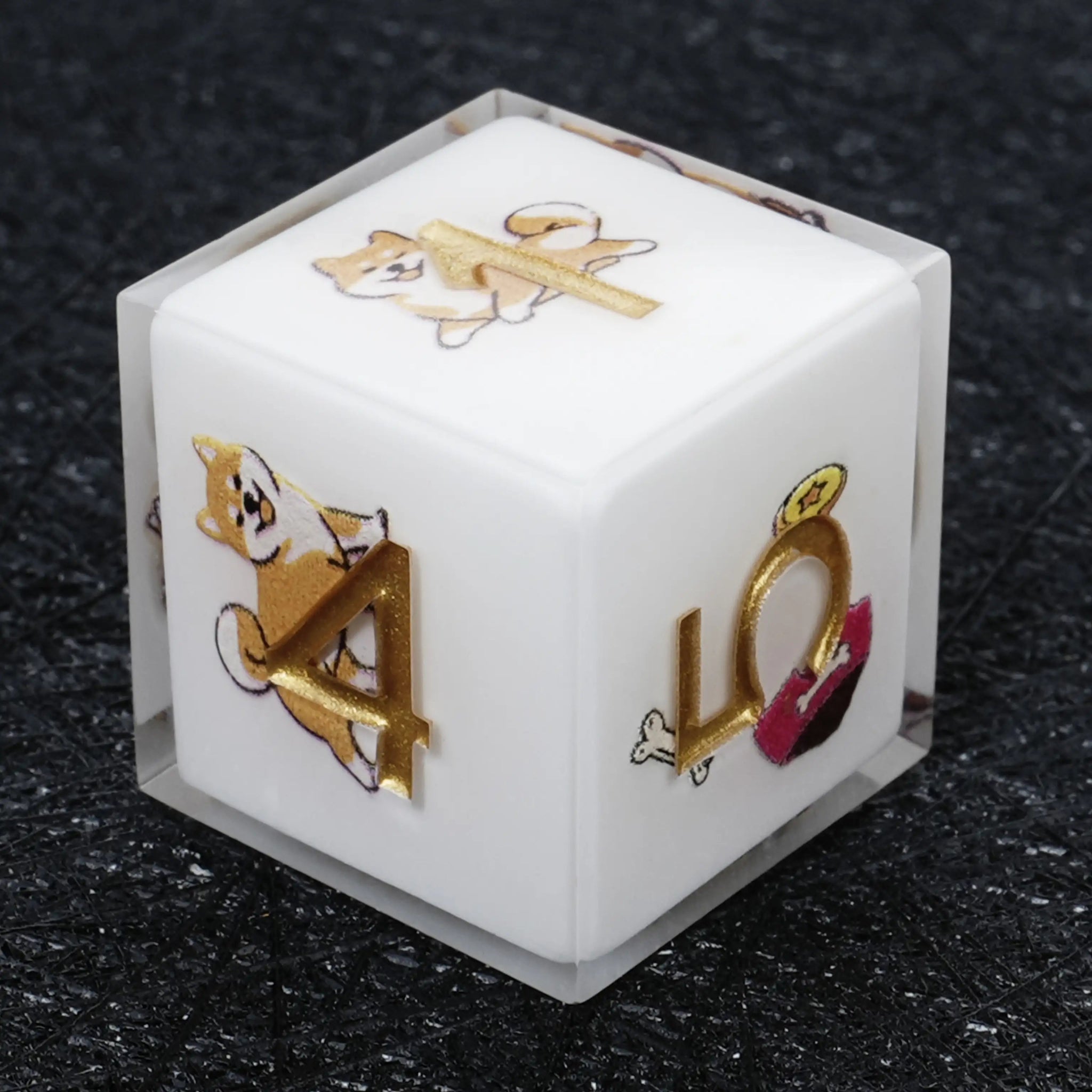 Kickstarter Dice – Sharp-Edged White Resin Shiba Inu DND D6 Dice with Gold Numbers | Bear Dice