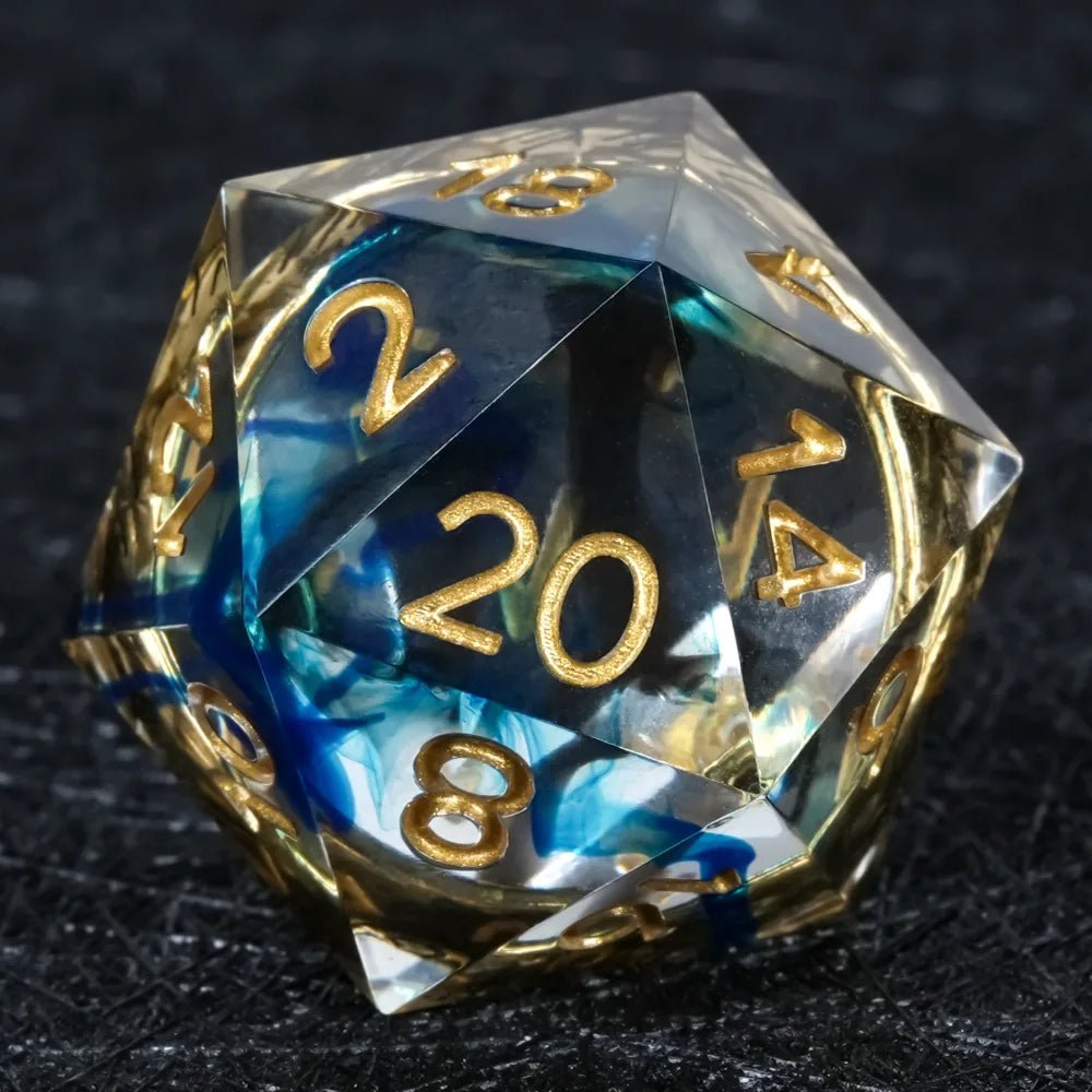 Sharp-edged blue transparent resin D20 dice, containing an engraved gold ring – a romantic keepsake gift | Bear-shaped dice