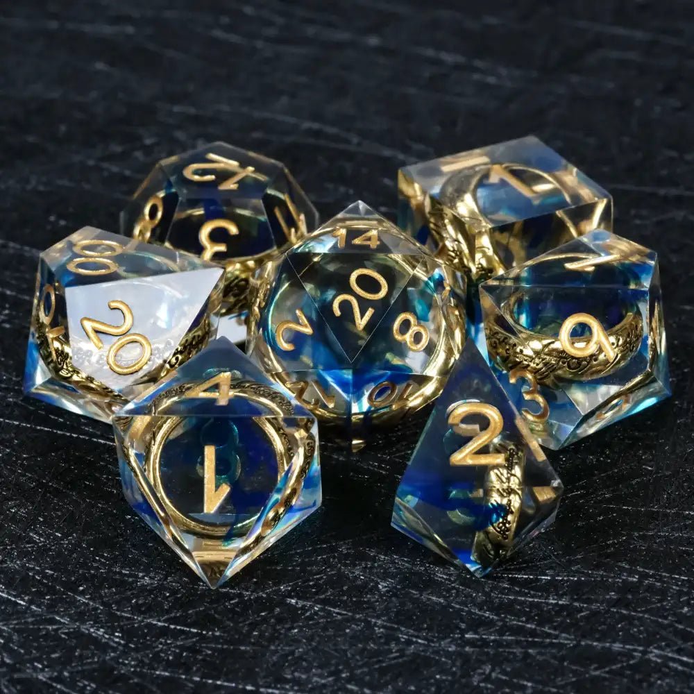 A set of sharp-edged blue transparent resin DND dice, including an engraved gold ring, a romantic wedding anniversary gift | Bear Dice