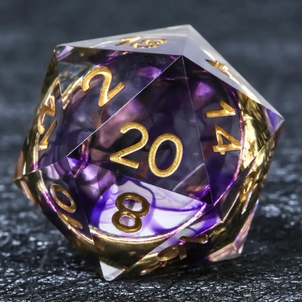 Sharp-edged purple transparent resin D20 dice, containing an engraved gold ring – a romantic keepsake gift | Bear-shaped dice
