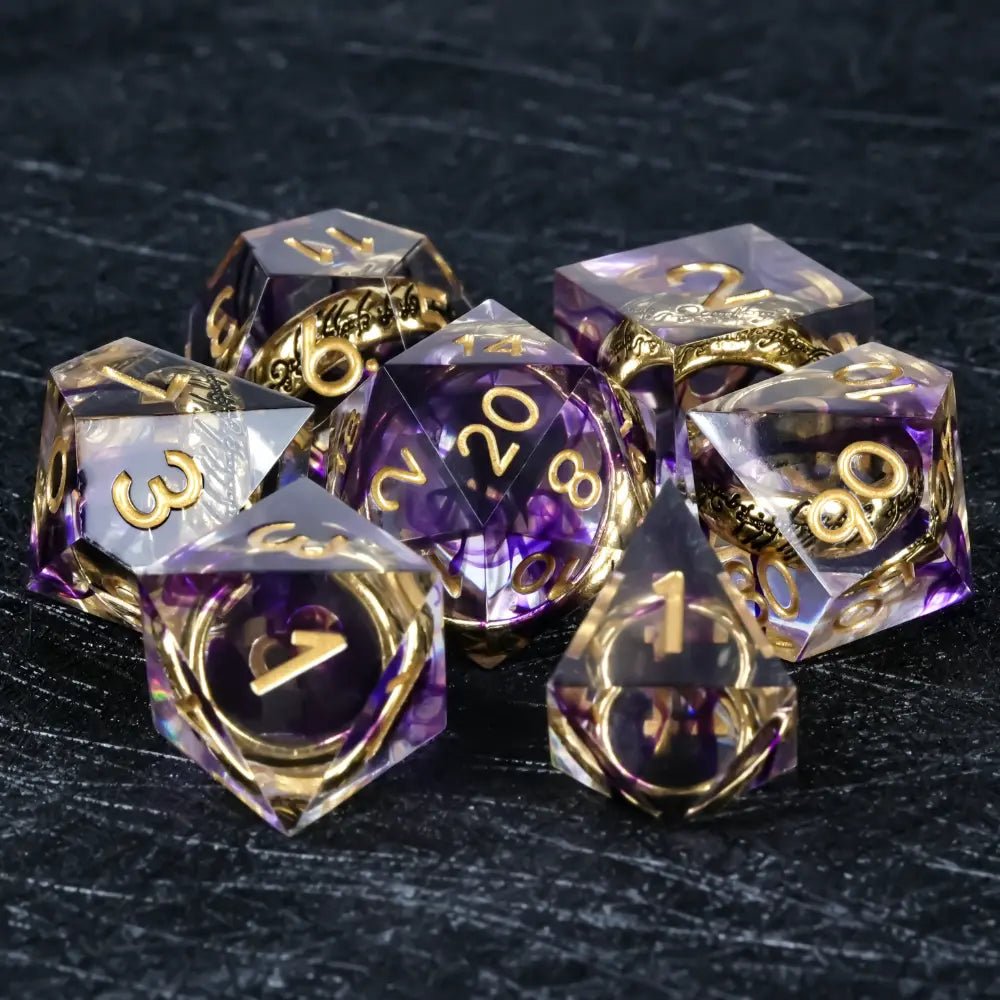 A set of sharp-edged purple transparent resin DND dice, including an engraved gold ring, a romantic wedding anniversary gift | Bear Dice