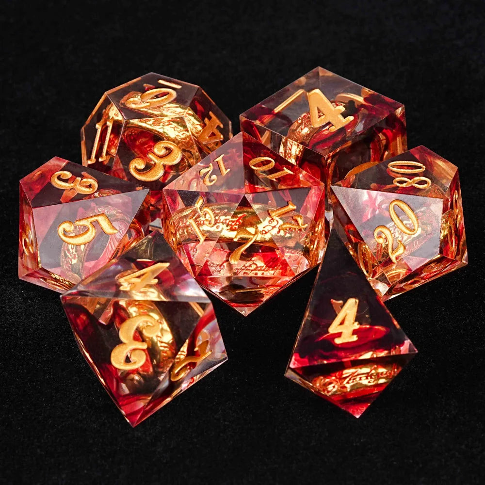 A set of sharp-edged red transparent resin DND dice, including an engraved gold ring, a romantic wedding anniversary gift | Bear Dice