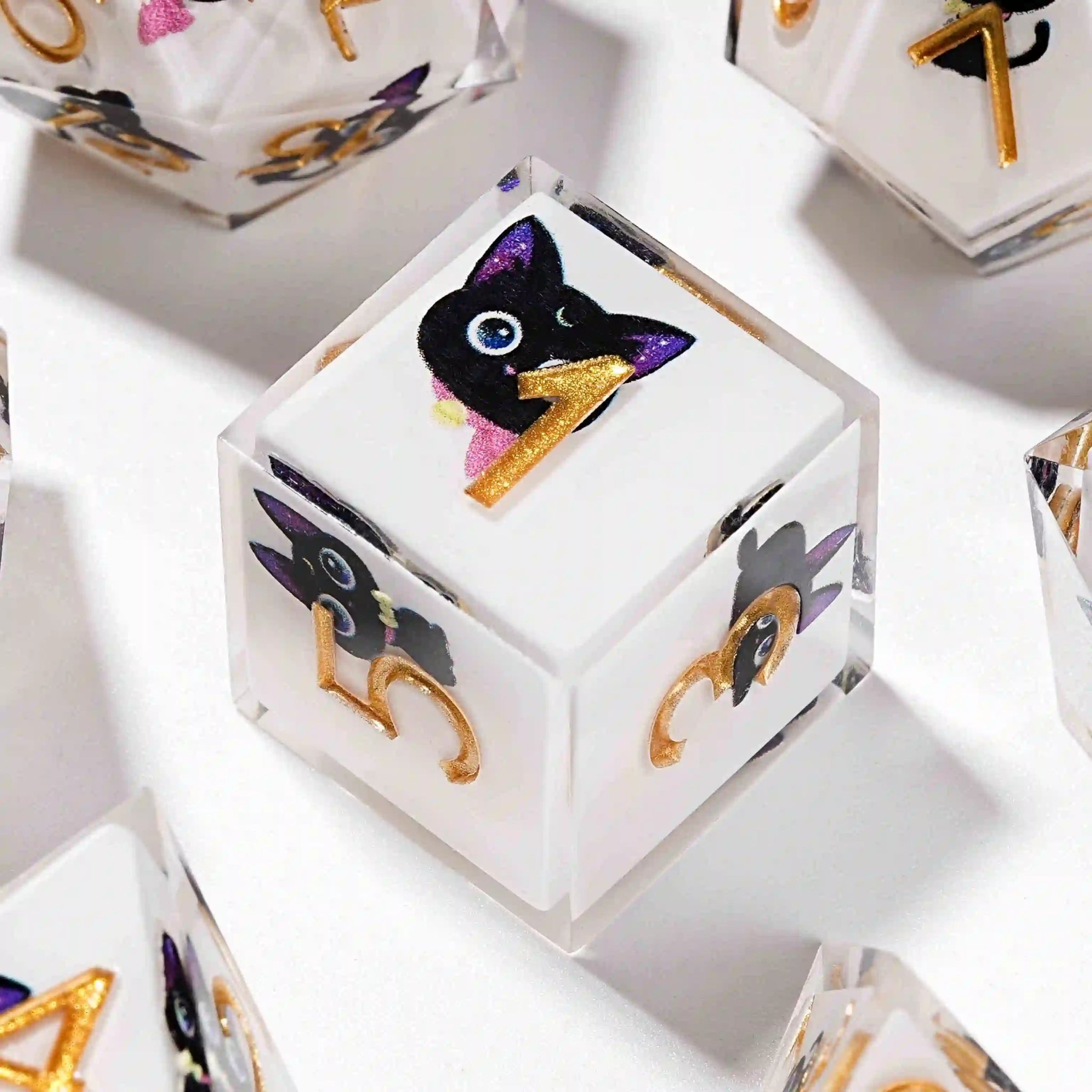 Sharp-edged white resin DND D6 dice with gold engravings and cute black cat design with big eyes and purple ears | Bear Dice