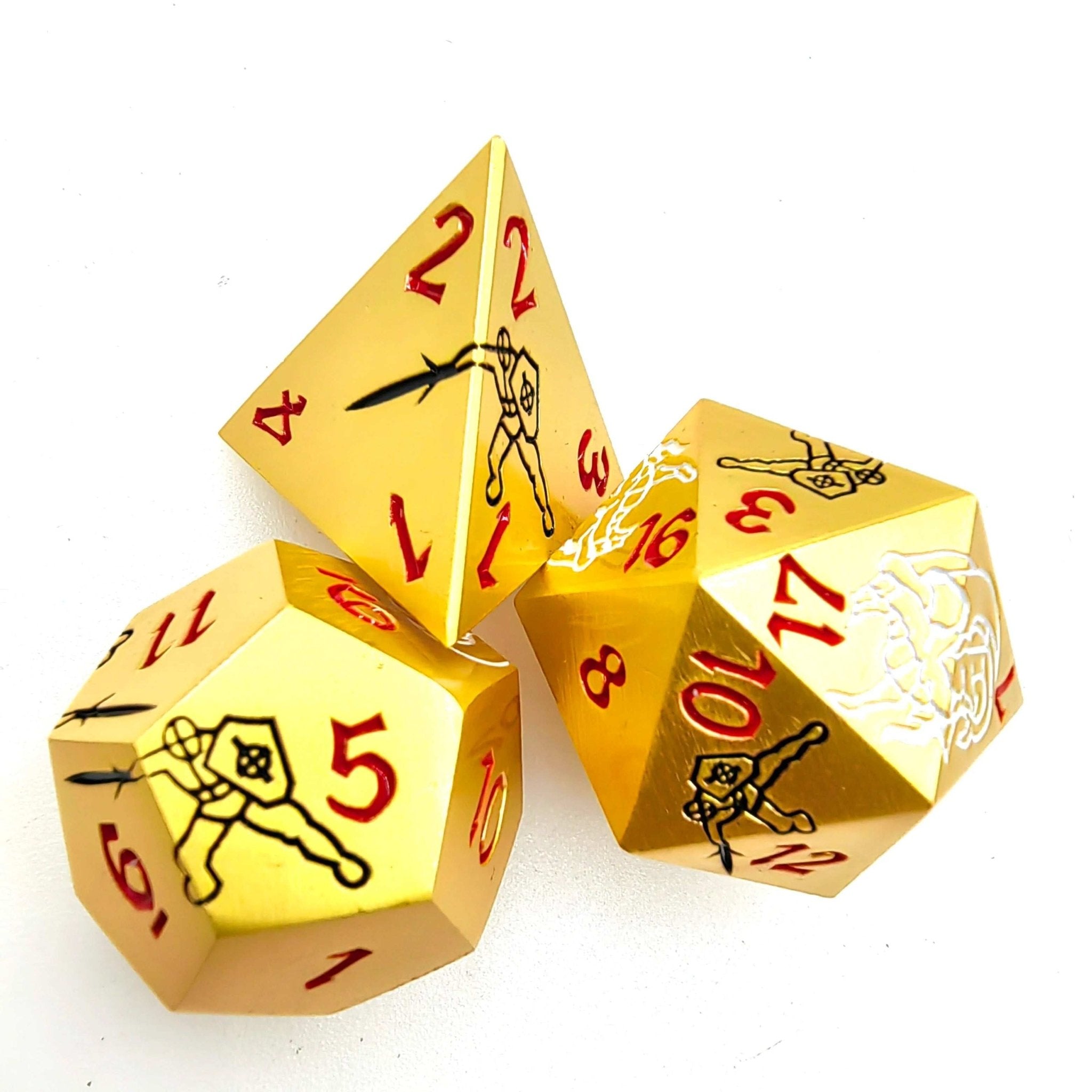 Silver Dragon and Black Warrior Gold Metal Solid DND D4, D12, and D20 Dice with Red Numbers | Bear Dice
