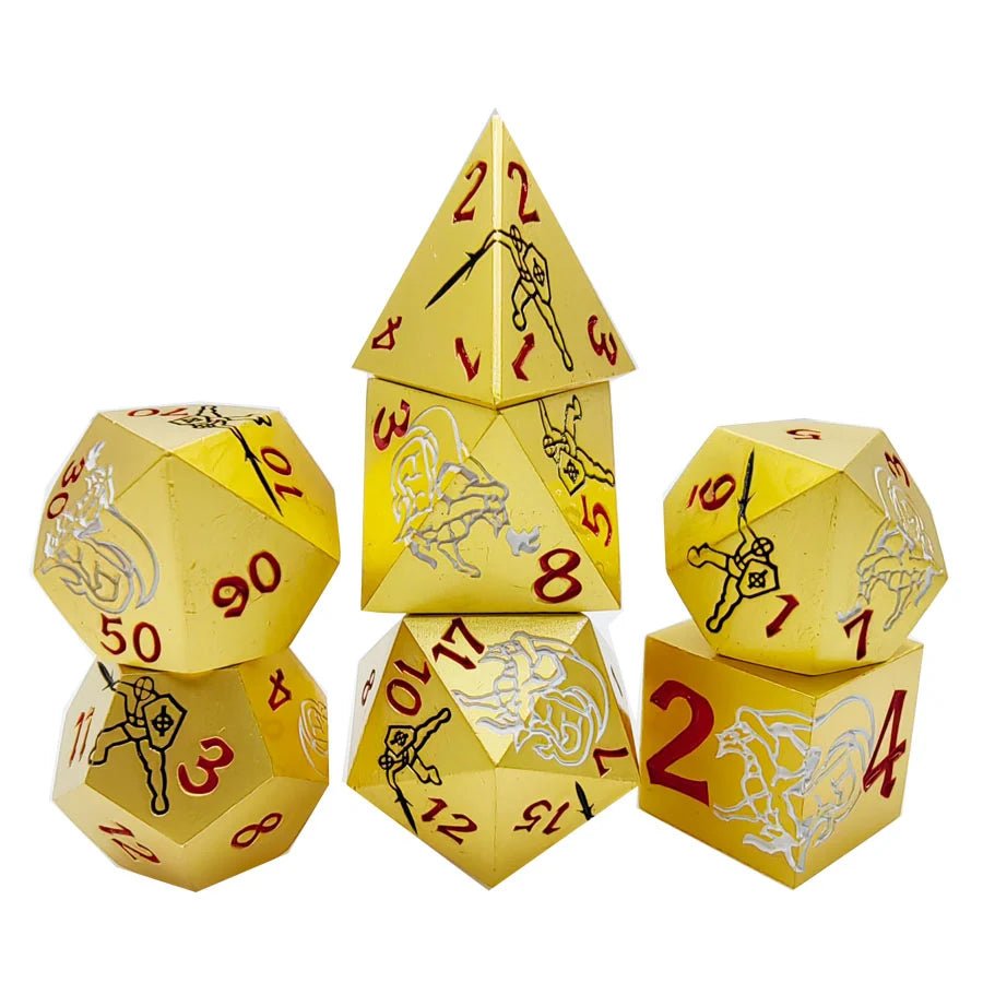 Silver Dragon and Black Warrior Gold Metal DND Dice Set + Red Numbers | Bear Dice