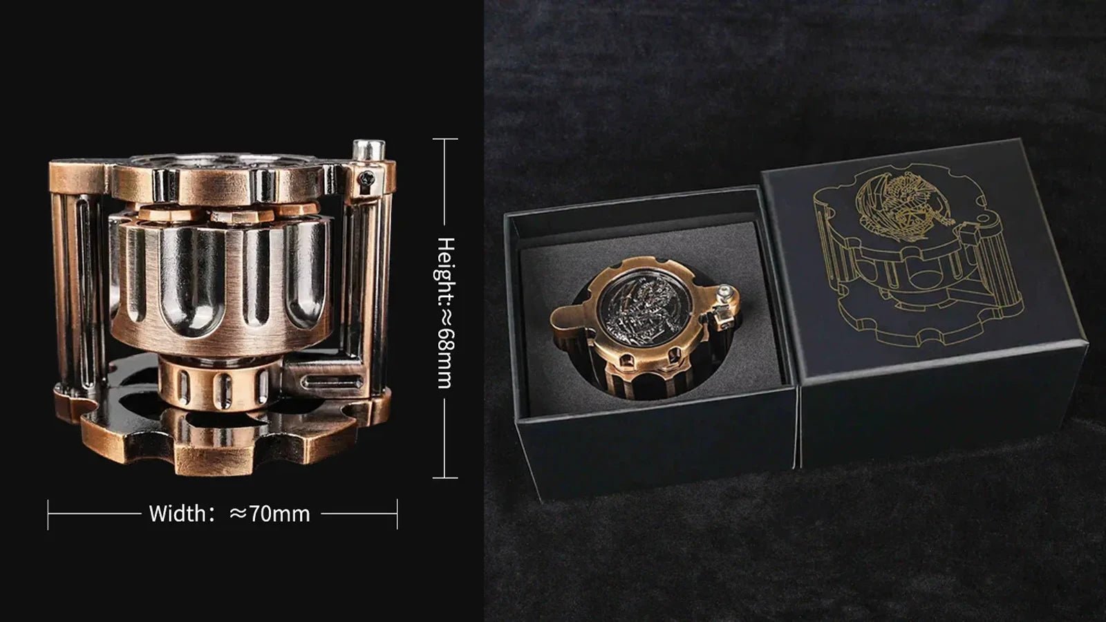 A unique revolver bullet dice set, featuring a black dice case designed to fit revolver dice measuring 68mm high and 70mm wide. | Bear Dice