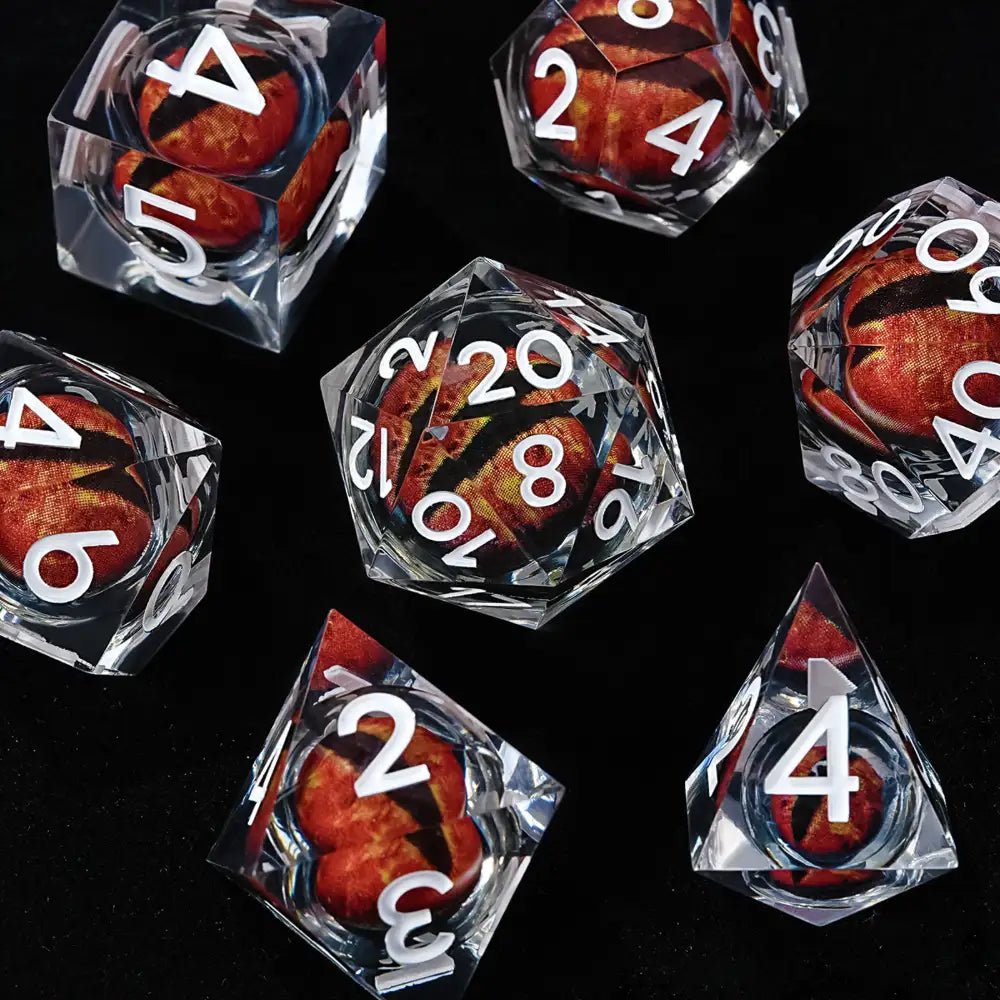 Transparent resin liquid core red dragon eye DND dice set + white lettering | Bear dice
