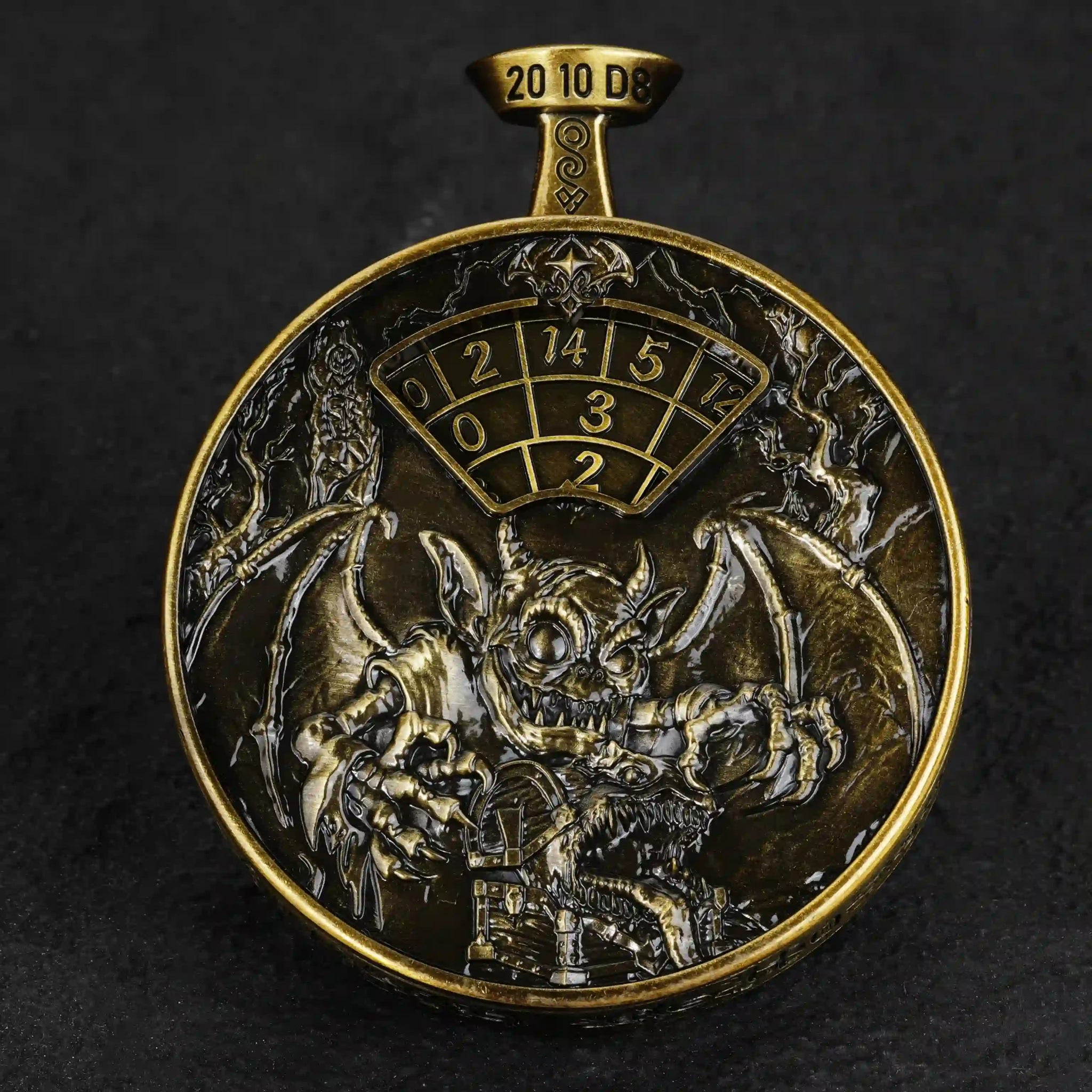 Unique 7-in-1 Antique Gold Bronze Metal DND Spinning Dice Pocket Watch: Front side display - Embossed images of Tifurin, Chest Monster, etc. | Bear Dice