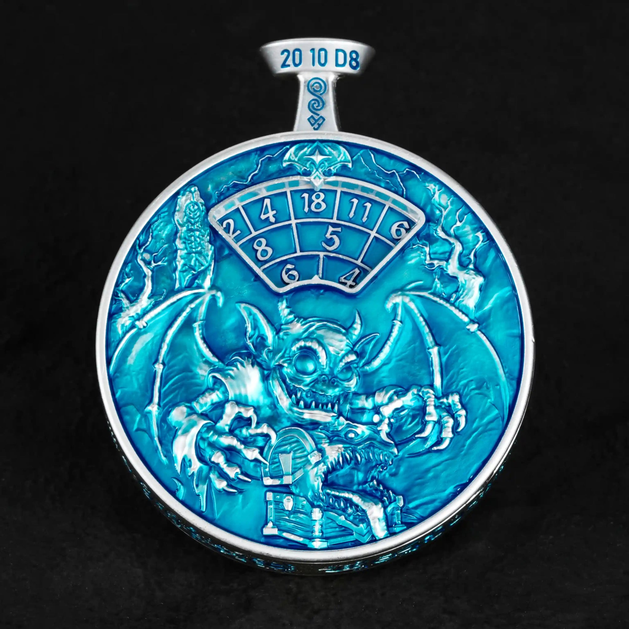 Unique 7-in-1 Blue Metal DND Spinning Dice Pocket Watch Front View: Embossed images of Tiffilin, Chest Monster, etc. | Bear Dice