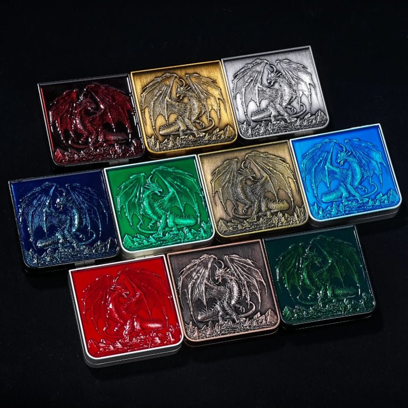 Unique 7-in-1 metal folding dice case available in 10 colors, featuring a 3D dragon engraving on the lid | Bear Dice