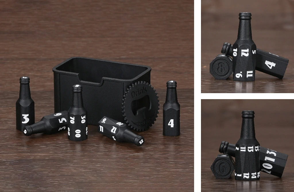 Unique Black Metal Beer Bottle D&D Polyhedral Dice Set with White Numbers | Bear Dice