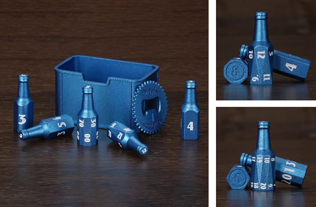 Unique Blue Metallic Beer Bottle D&D Polyhedral Dice Set with White Numbers | Bear Dice