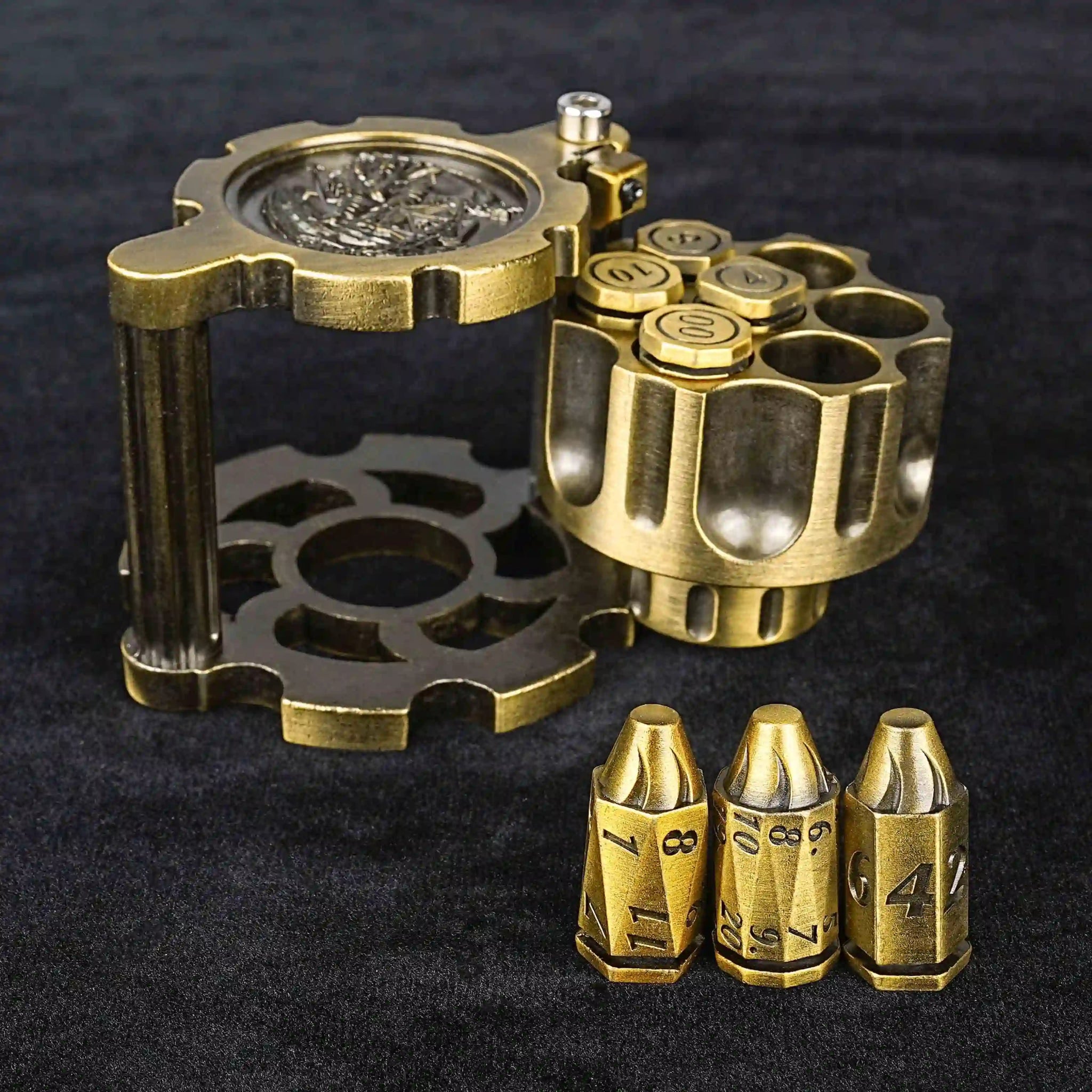 Unique DND Revolver Bullet Dice Set: Antique Gold Revolver Dice Rotating Magazine, loaded with four antique gold DND Bullet Dice, with DND D6, D12, and D20 Bullet Dice placed in front of the magazine | Bear Dice