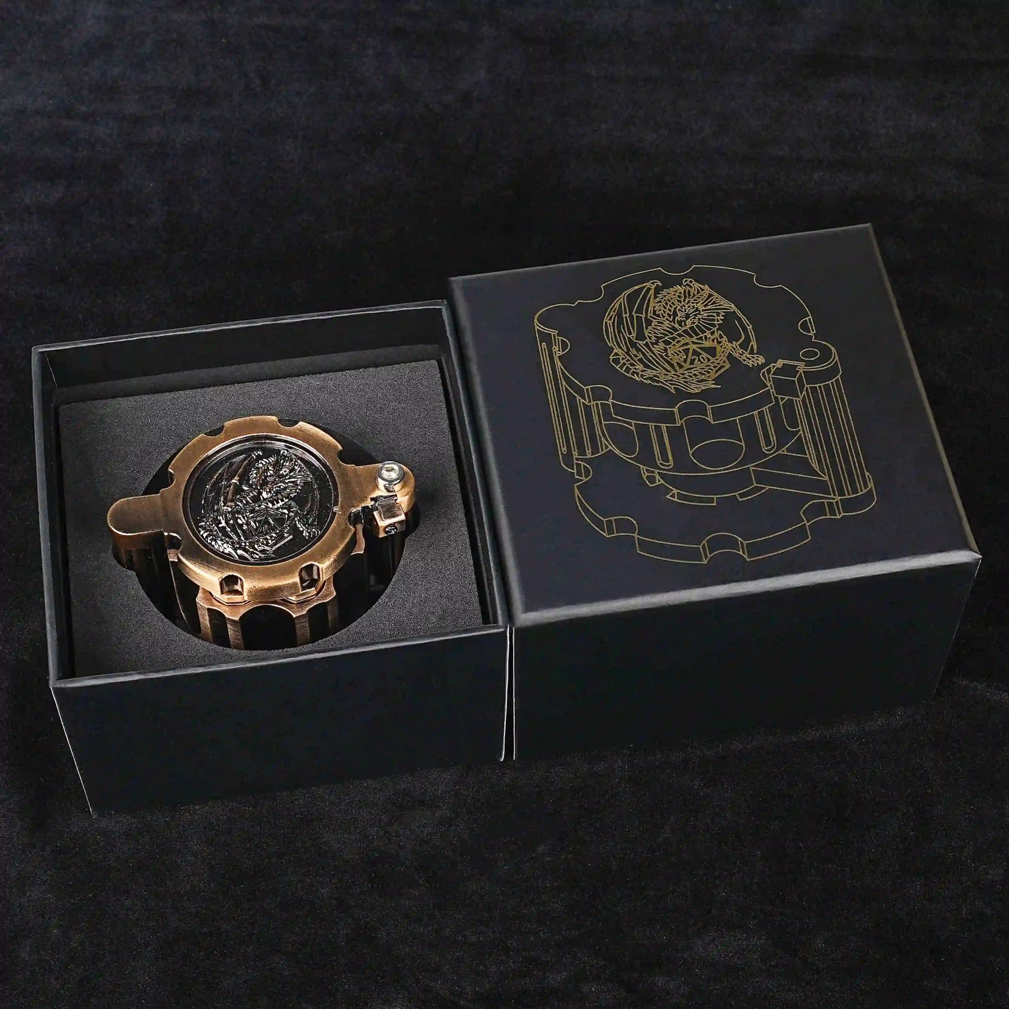 Unique DND Revolver Bullet Dice Set: Antique Copper Revolver Dice Rotating Magazine, loaded with 7 Antique Copper DND Bullet Dice, and comes with a black dice box featuring the DND Revolver Dice Set logo | Bear Dice