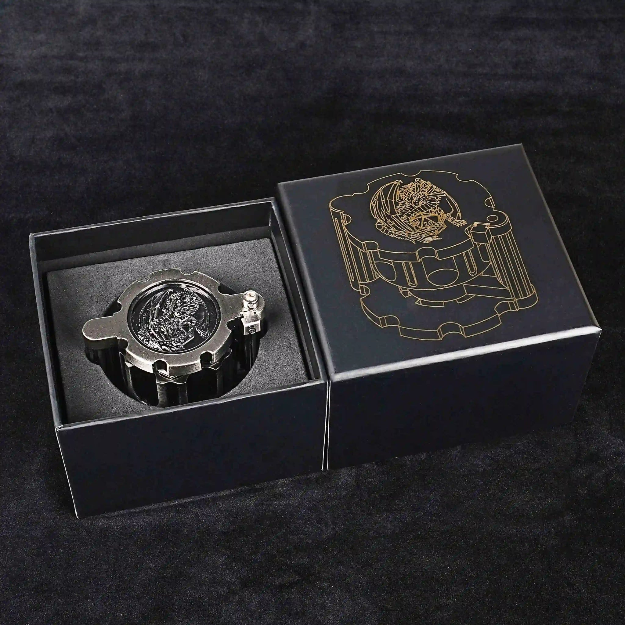 Unique DND Revolver Bullet Dice Set: Antique Nickel Revolver Dice Rotating Magazine, loaded with 7 Antique Nickel DND Bullet Dice, and comes with a black dice box featuring the DND Revolver Dice Set logo | Bear Dice