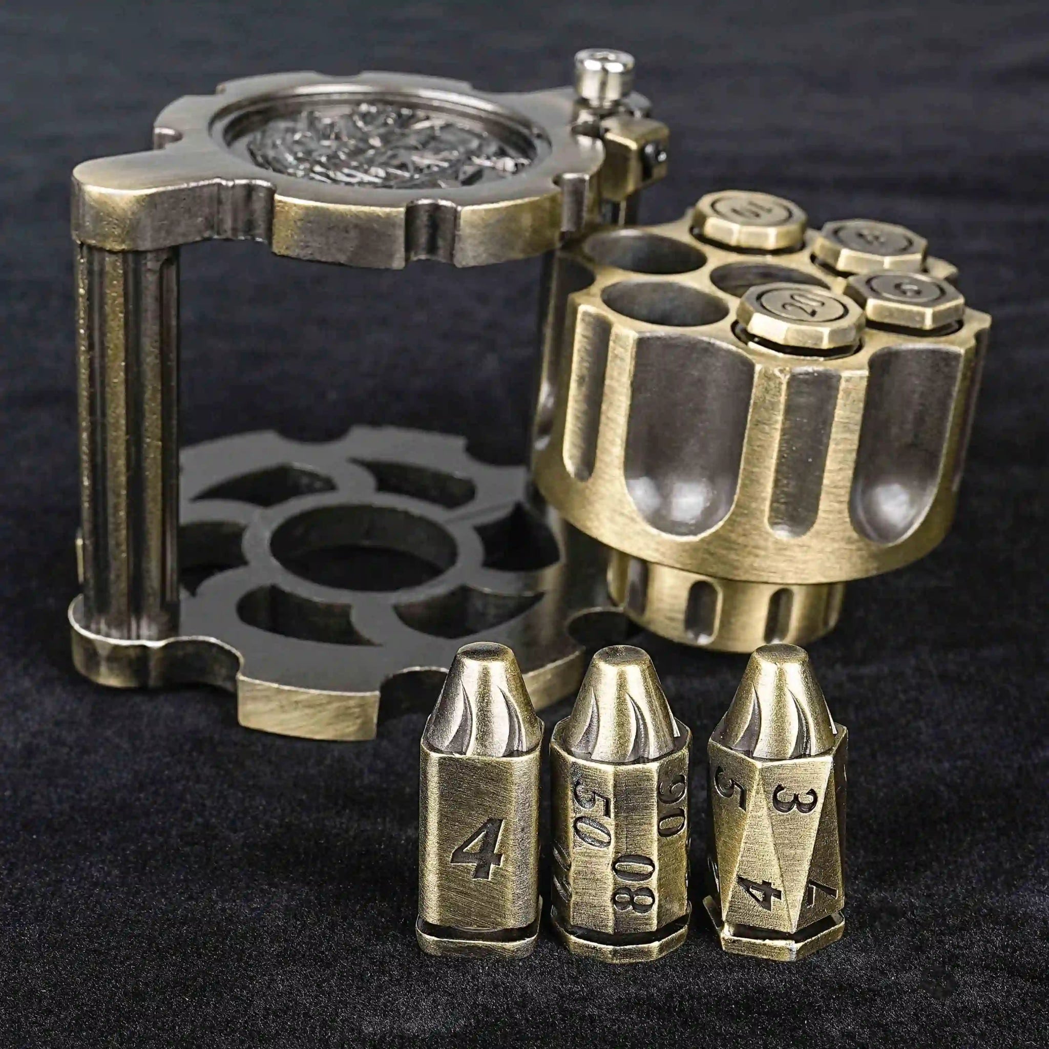 Unique DND Revolver Bullet Dice Set: Bronze revolver dice rotating magazine loaded with four bronze DND bullet dice, while DND D4, D8, and D% bullet dice are placed in front of the revolver magazine | Bear Dice