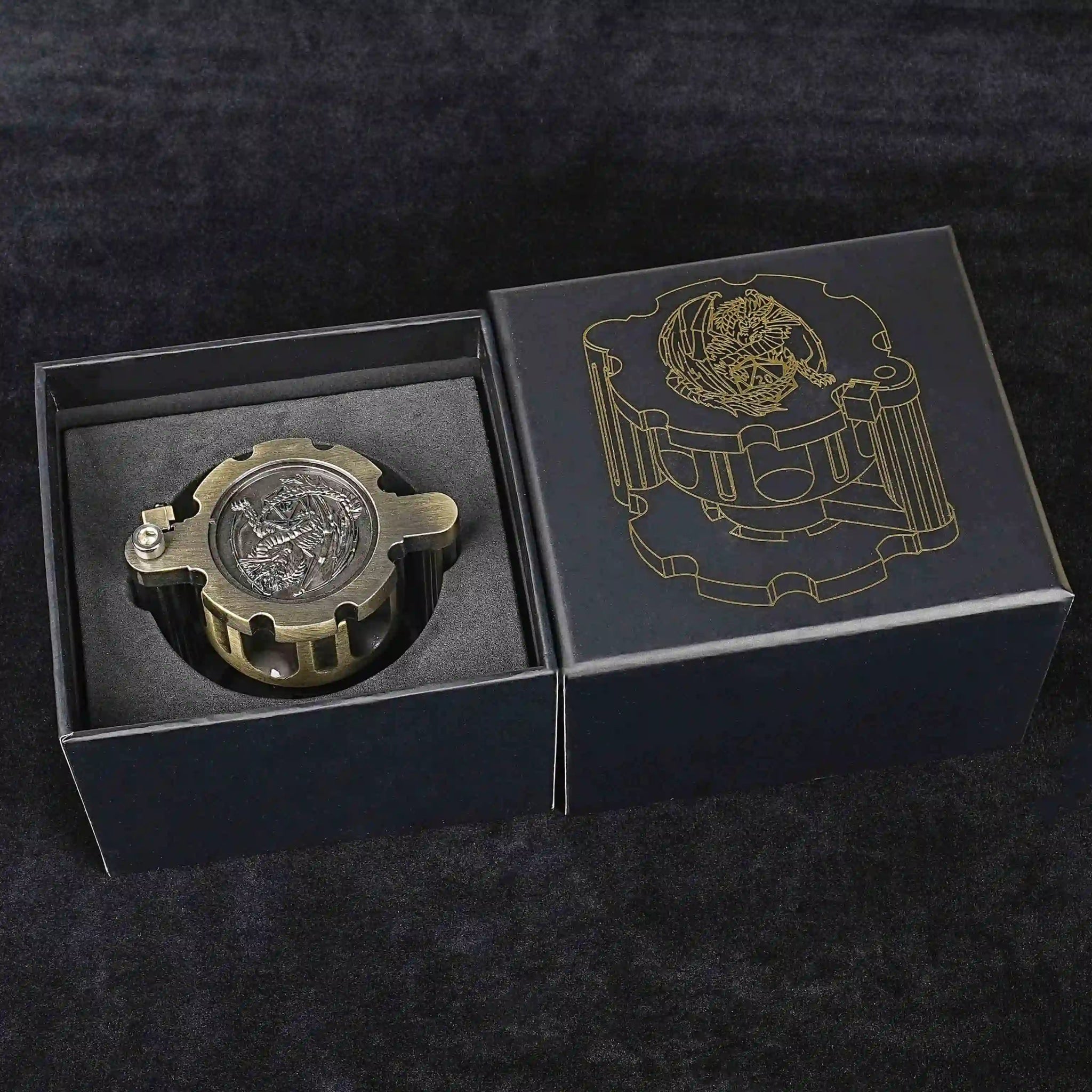 Unique DND Revolver Bullet Dice Set: Bronze revolver dice rotating magazine, loaded with 7 bronze DND Bullet Dice, and comes with a black dice box emblazoned with the DND Revolver Dice Set logo | Bear Dice