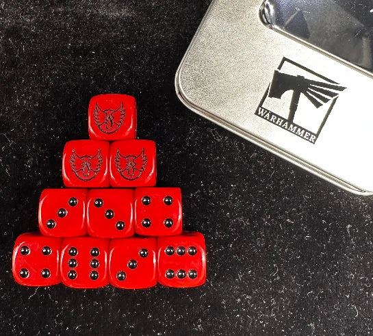 Warhammer 40K Blood Angels Red Acrylic D6 Dice, packaged in a metal tin | Bear Dice