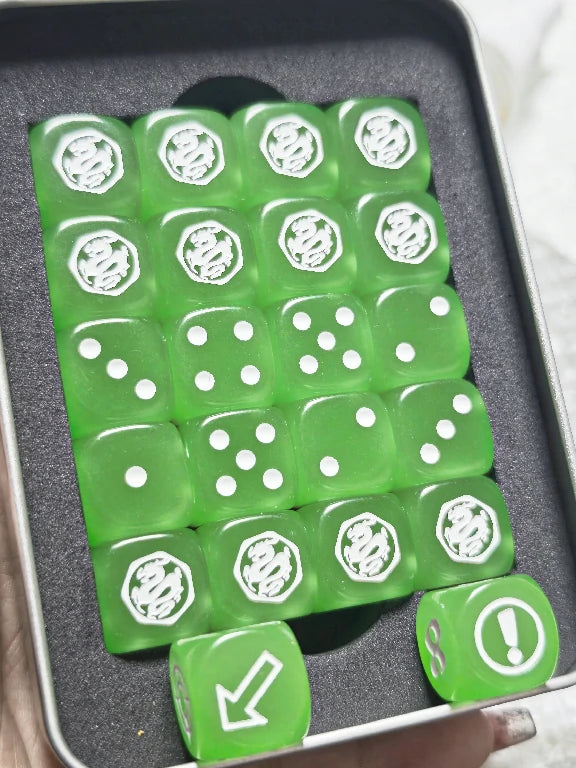 Warhammer 40K Glow-in-the-Dark Bright Green Acrylic D6 Dice with White Pips (Set of 20) in a Metal Tin | Bear Dice