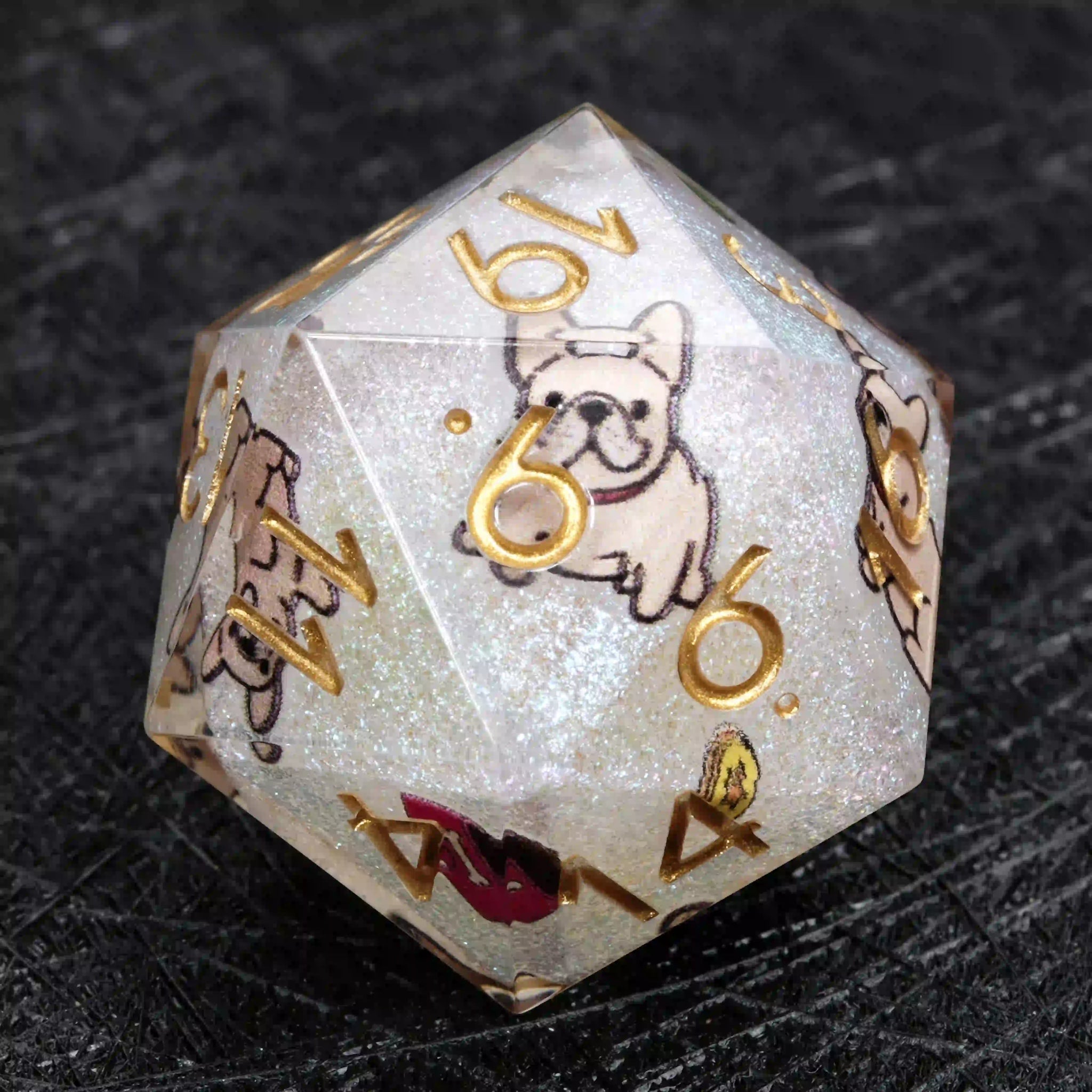Kickstarter Dice – White Glitter Resin Bulldog DND D20 Dice with Gold Numbers | Bear Dice