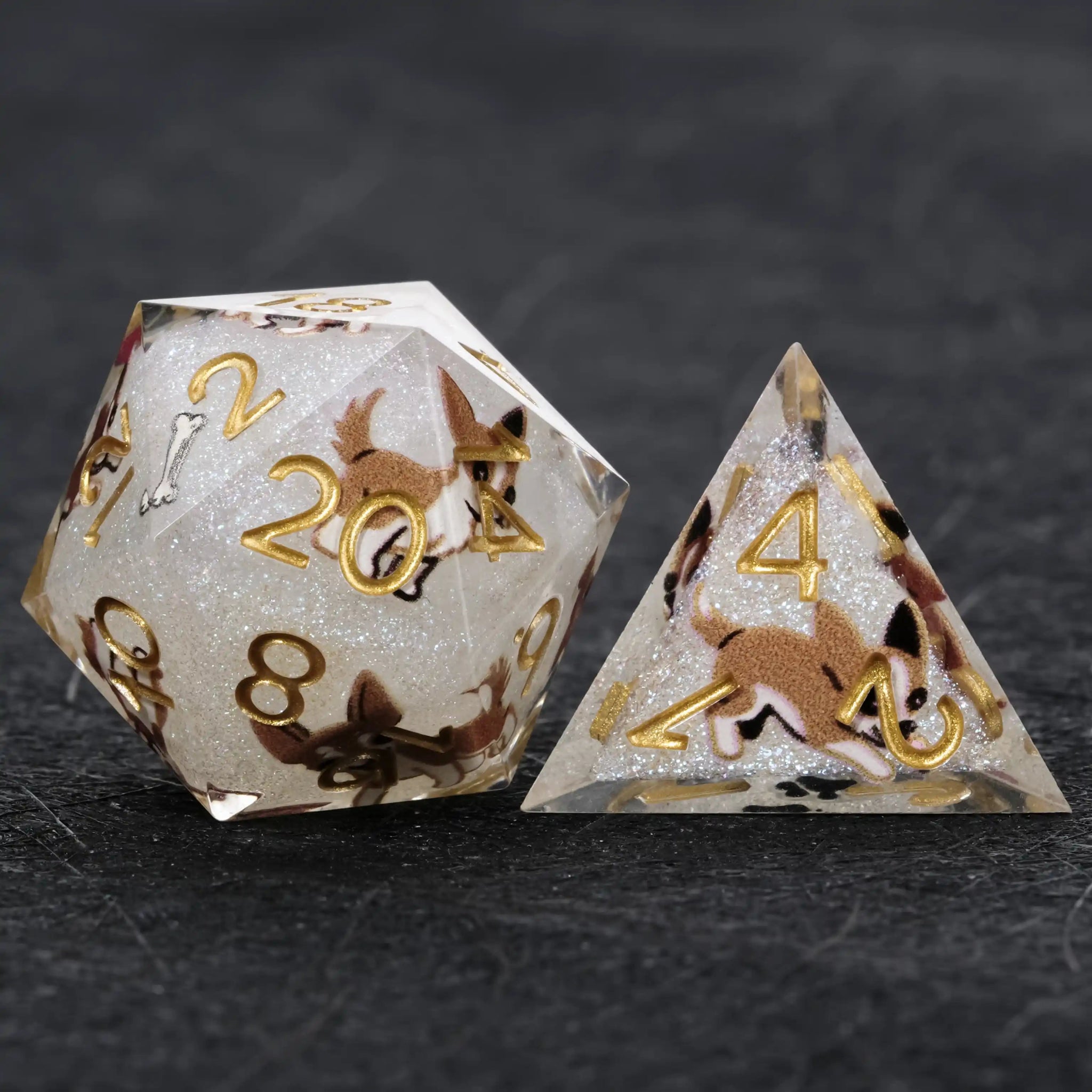 Kickstarter Dice – White Glitter Resin Chihuahua DND D20 and D4 Dice | Bear Dice